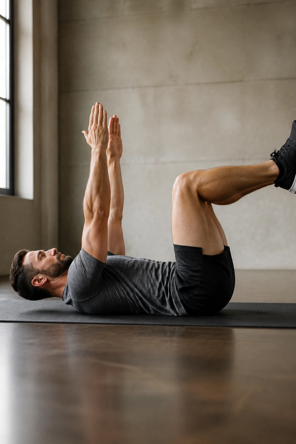 Person performing Dead Bug exercise with arms and legs moving while keeping lower back imprinted.