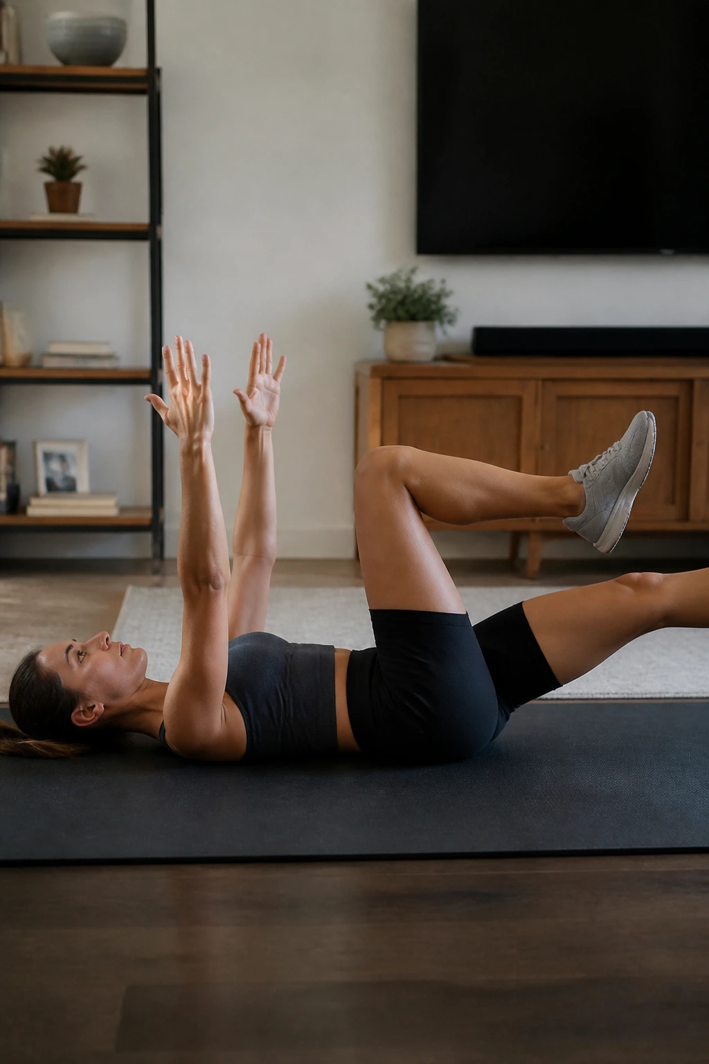 Person performing dead bug exercise with lower back pressed to the floor