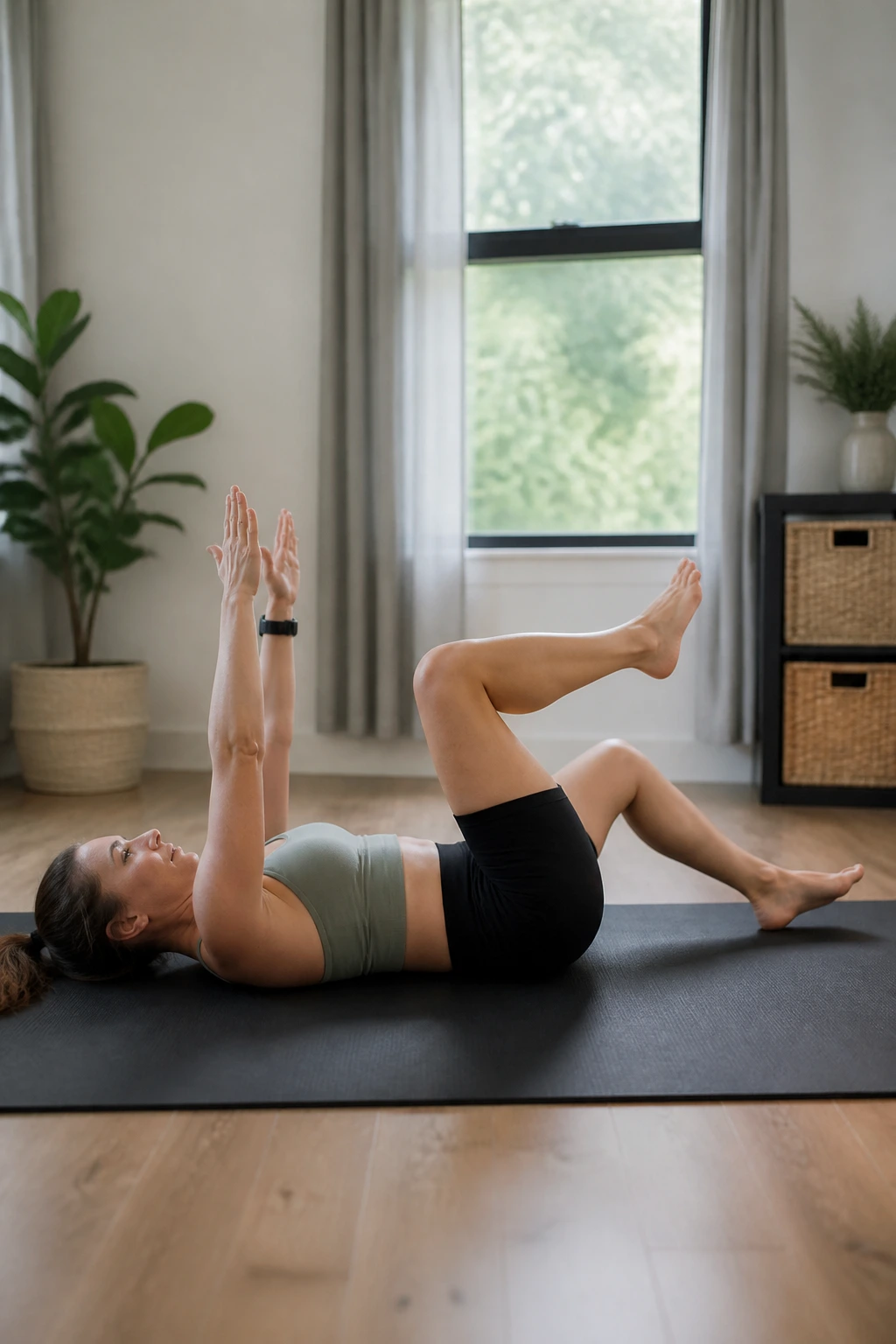 Person performing dead bug heel taps on a mat with controlled back