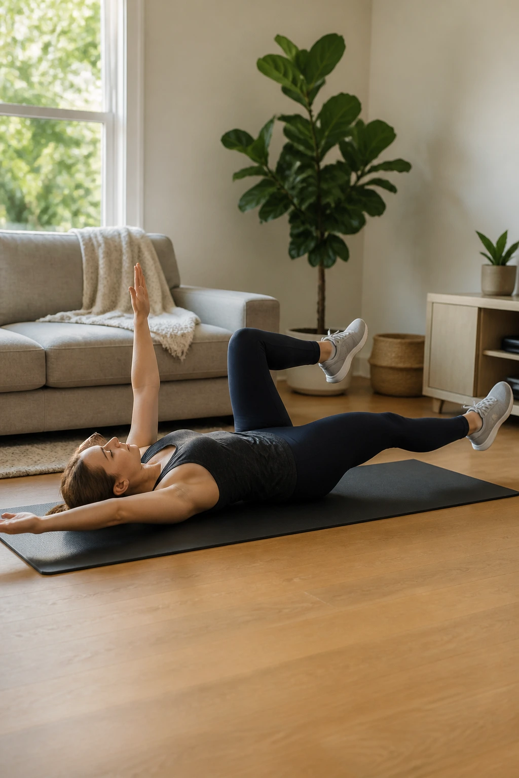 Real mom performing dead bug march on exercise mat.