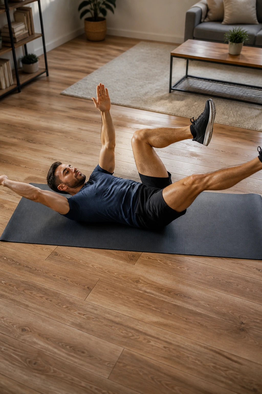 Person doing dead bug exercise on mat for posture reset