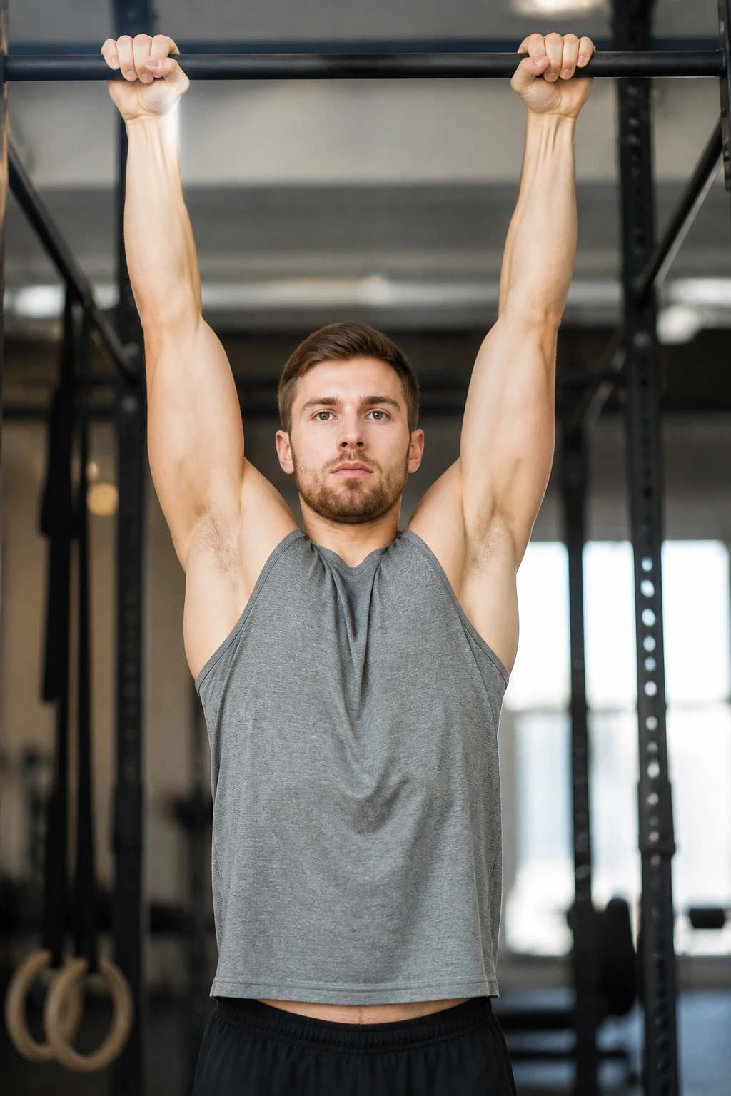 Real person performing dead hangs with active shoulders on a pull-up bar.