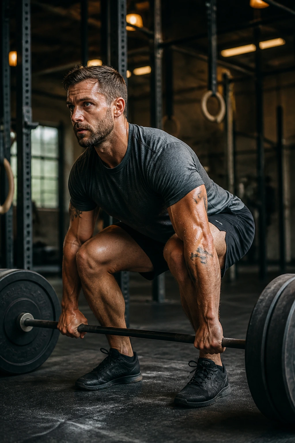 Medium-close shot of lifter performing a deadlift in a gym