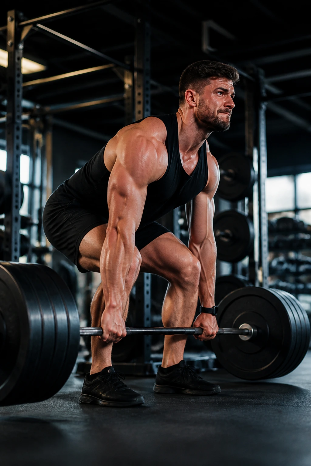 Medium-close shot of a man performing a deadlift in a gym
