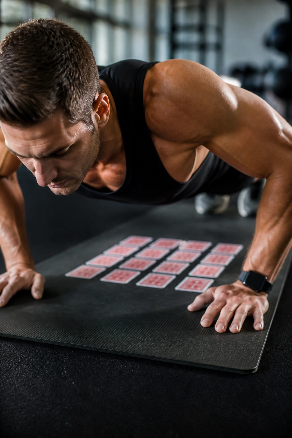 Athlete in push-up position with a face-down deck of cards on the mat behind