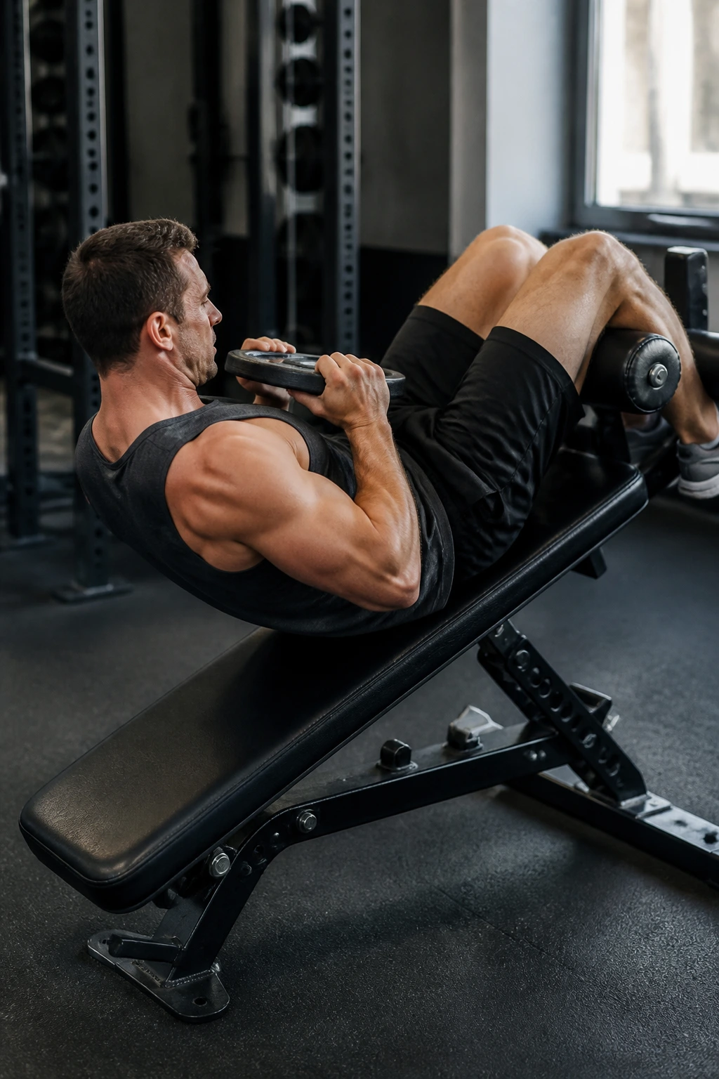 Person doing a decline bench sit-up with a plate on the chest in a gym
