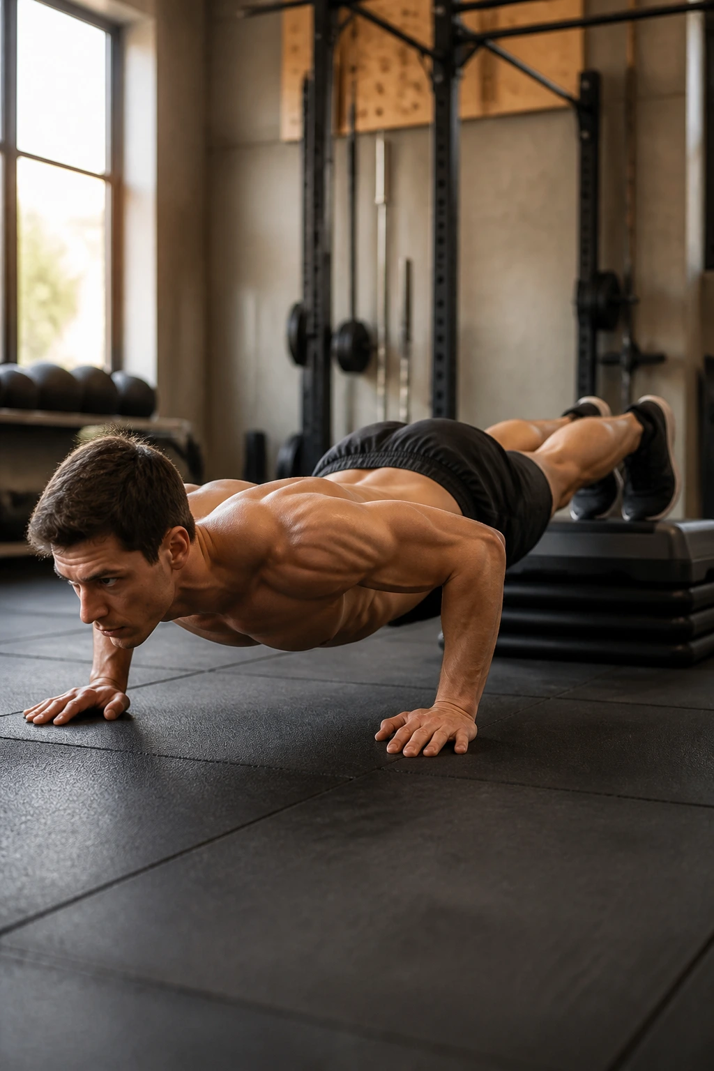 Medium close-up of a person performing a decline push-up with feet on a step