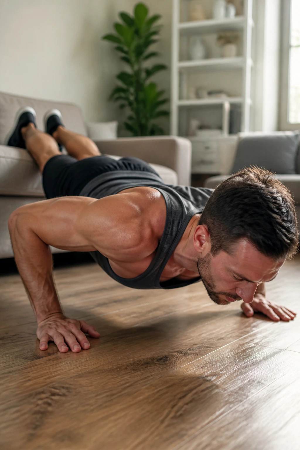 Real person performing Decline Push-Up with feet elevated on a couch