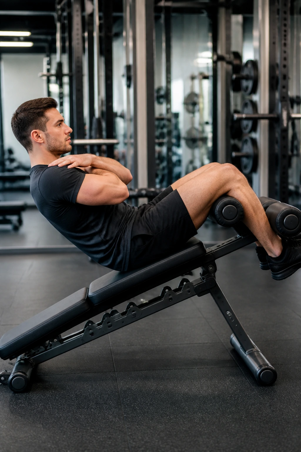 Side profile of a person doing a controlled sit-up on a mild-decline bench