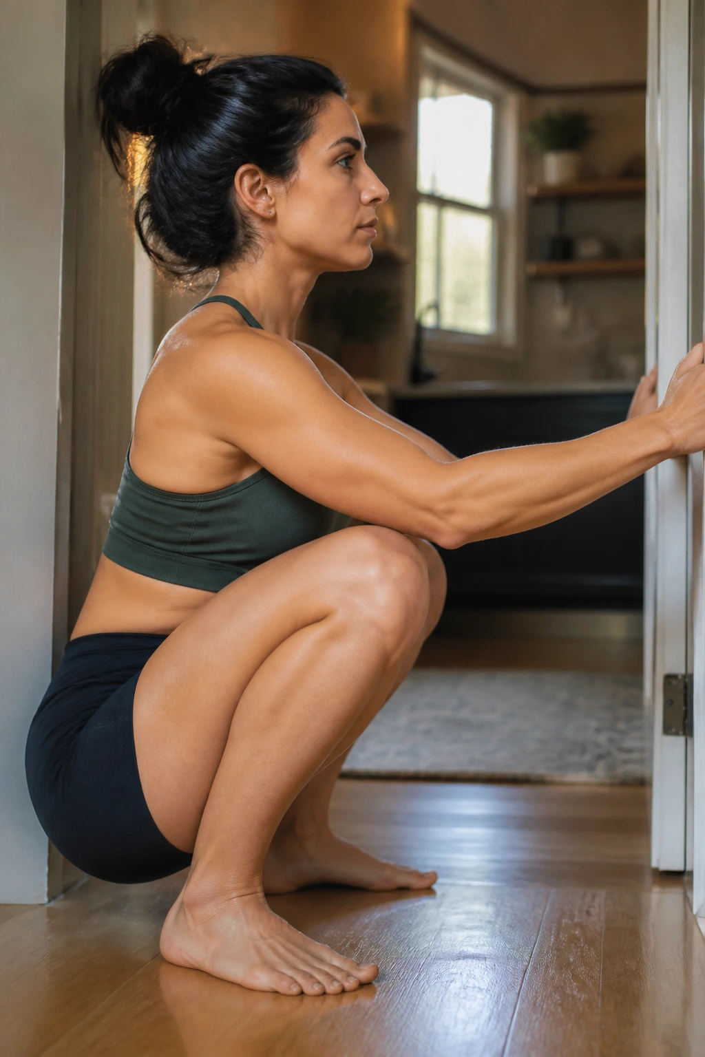 Medium shot of person in deep squat hold at doorway