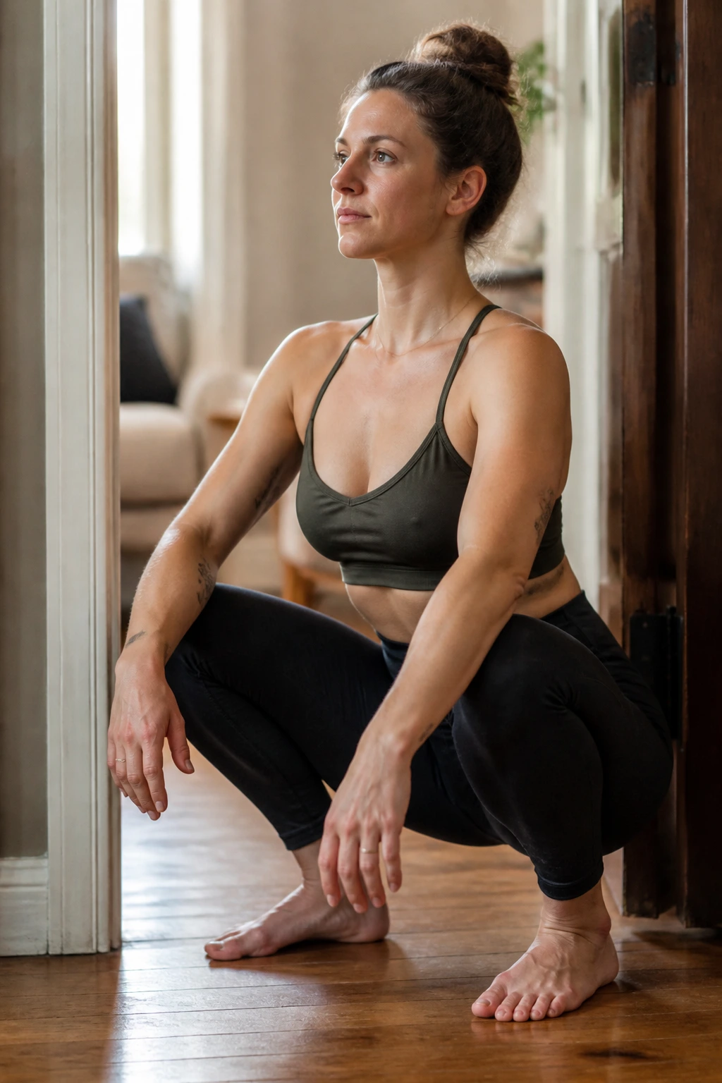 Close-up of a person in a deep squat hold in a doorway at home.