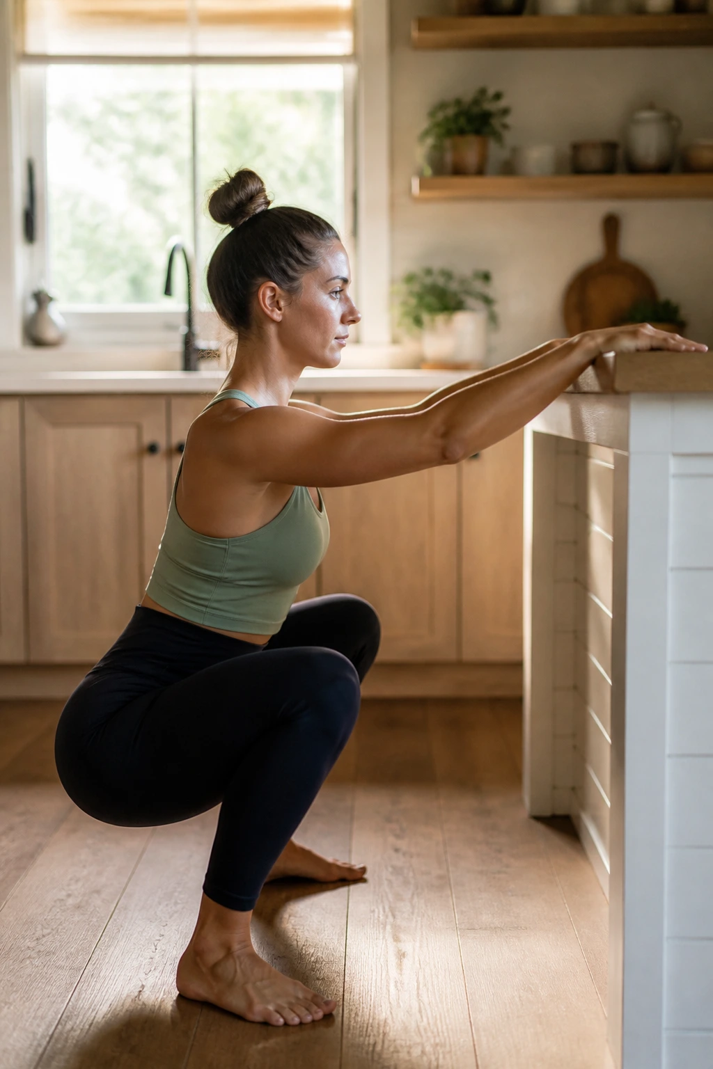 Real person performing a deep squat hold with heels grounded and back straight, using a counter for support.