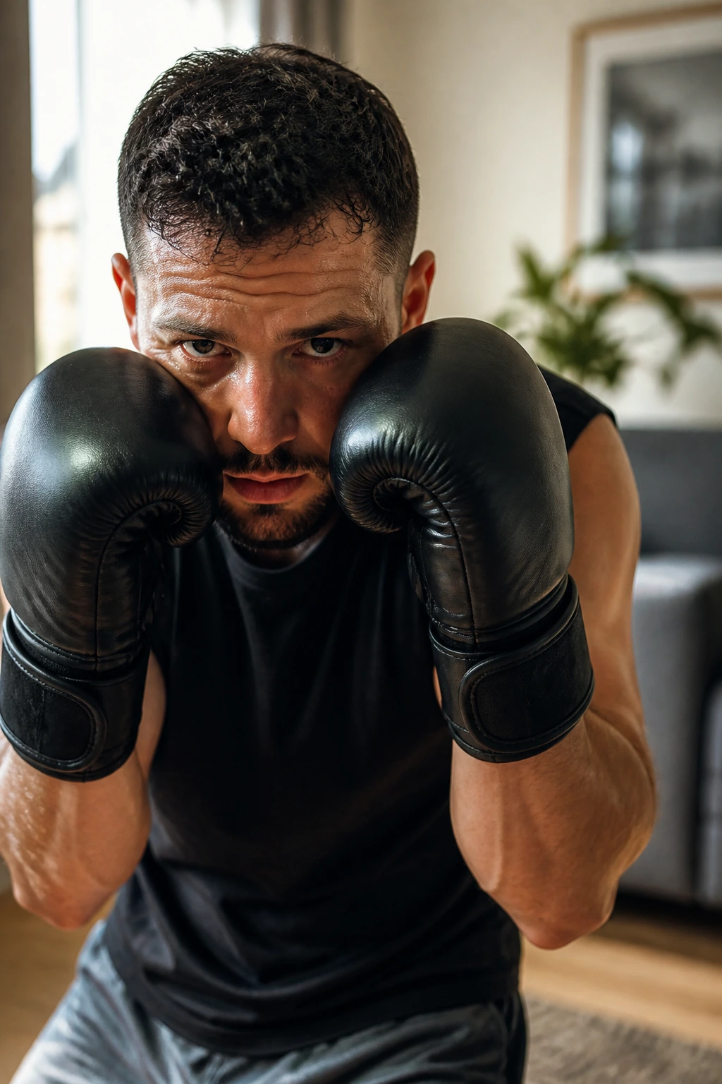 Boxer in defensive shell position in a living room