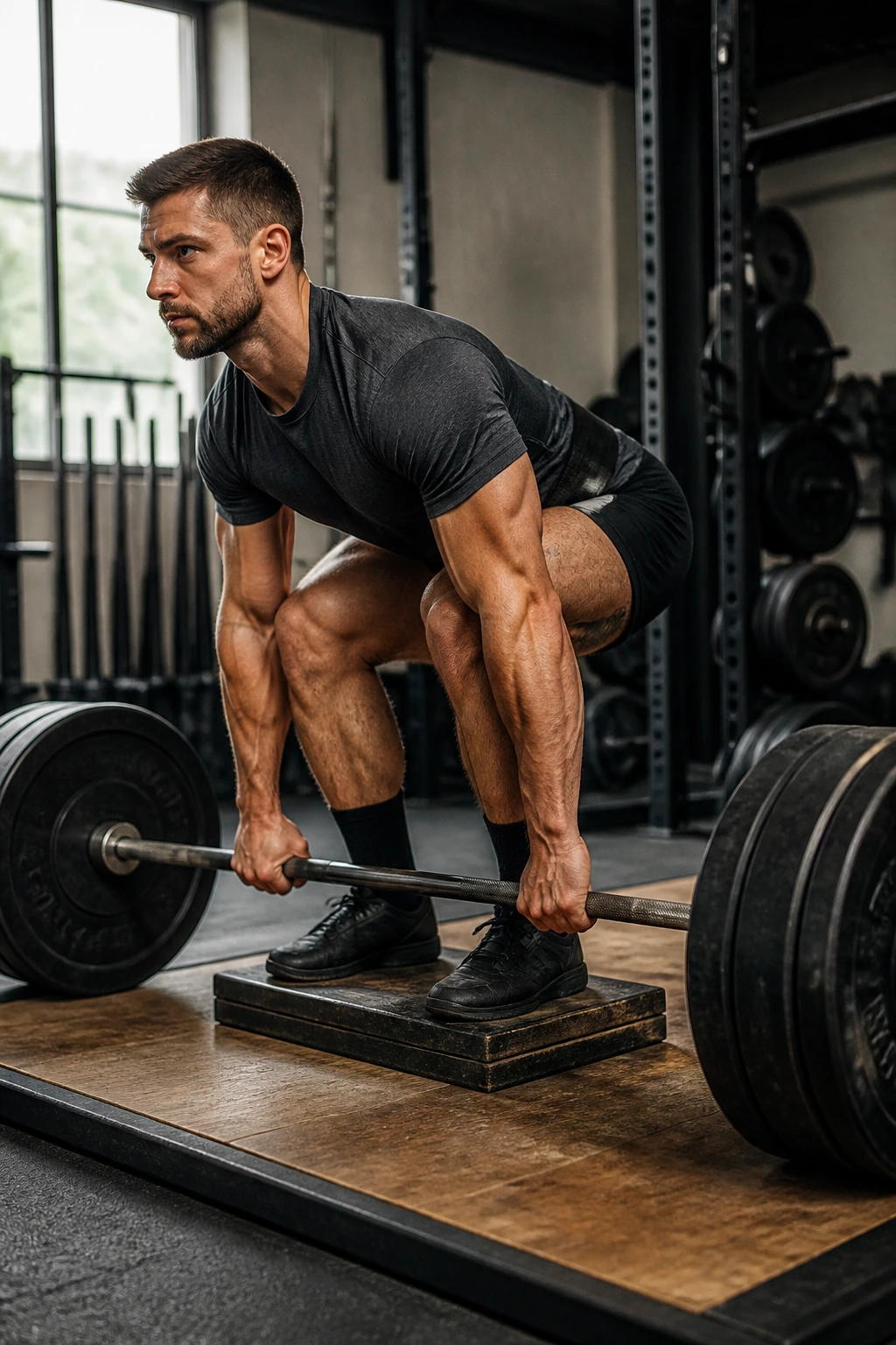 Lifter in deficit deadlift starting position on platform