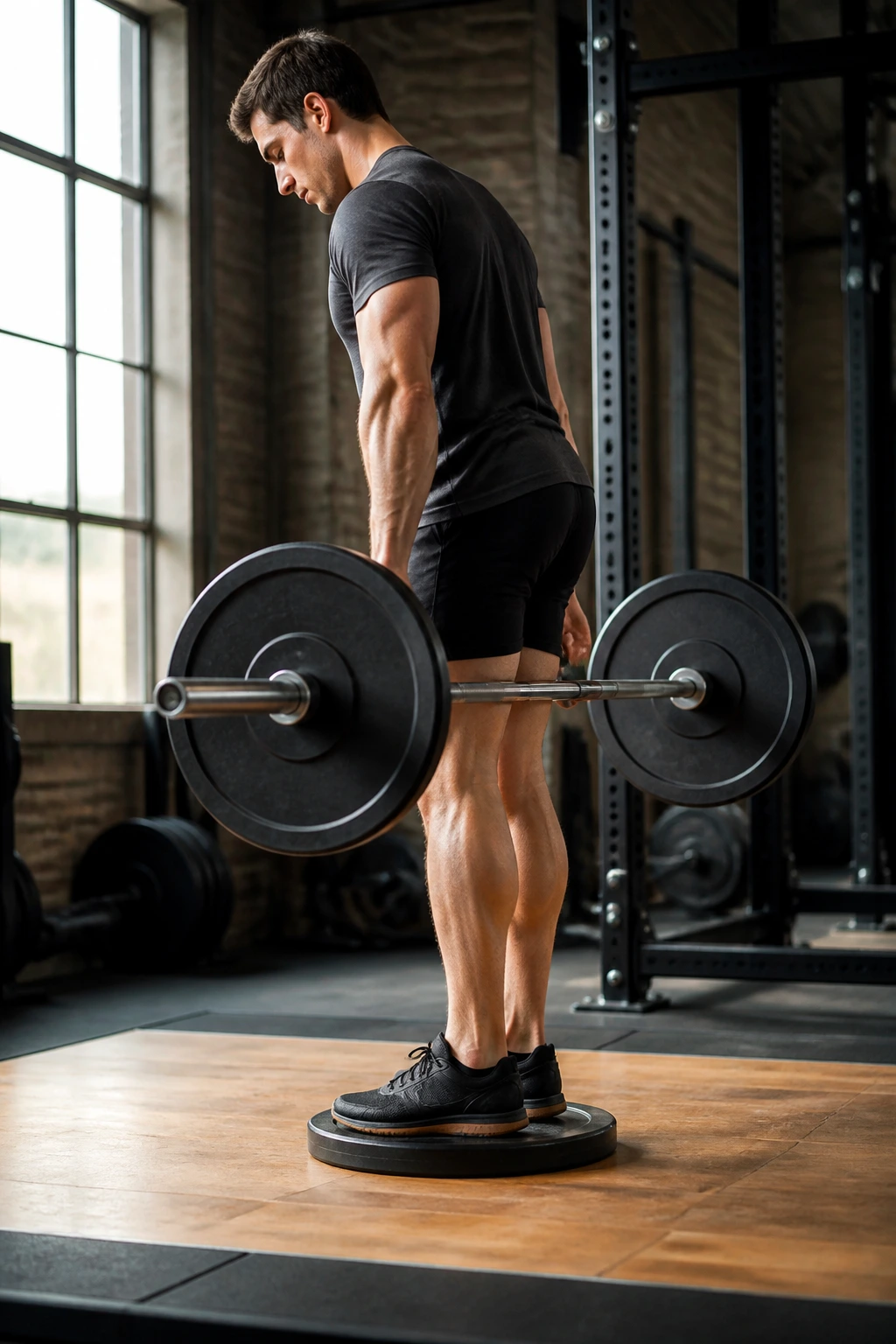 Lifter on a small plate performing deficit Romanian Deadlift