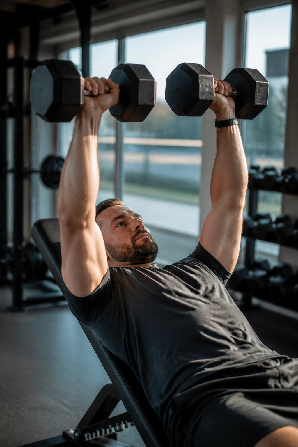 Close-up of lifter performing light press on bench for deload
