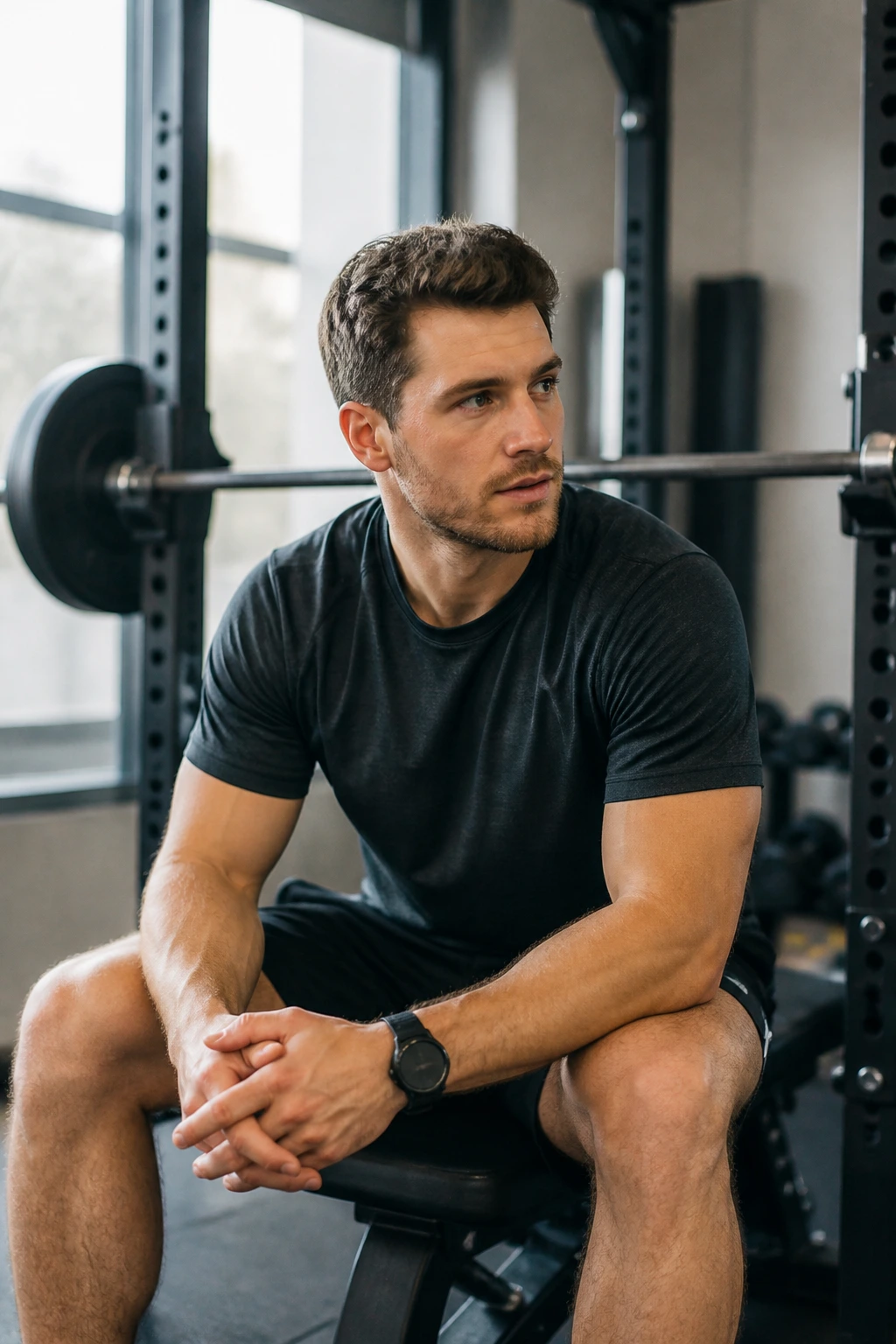 Lifter resting with light weights during deload in gym