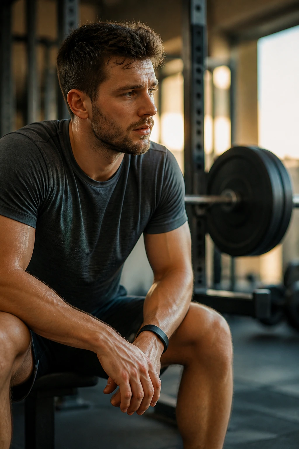Lifter resting between light sets during a deload in a gym.
