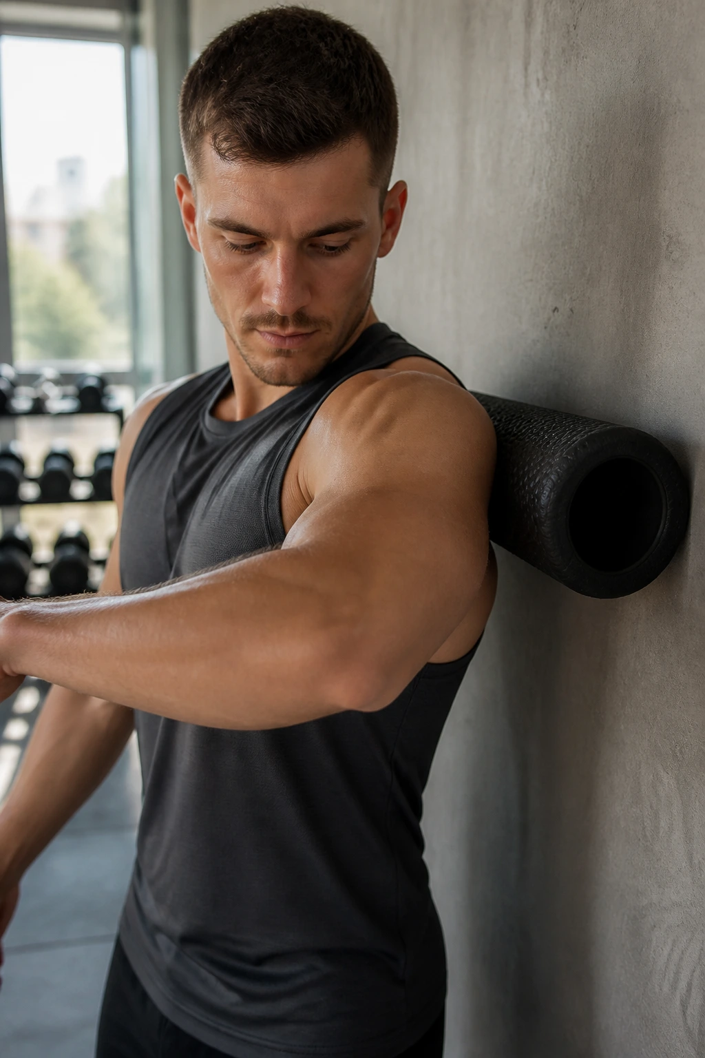 Shoulder pressing into wall with roller for deltoid release