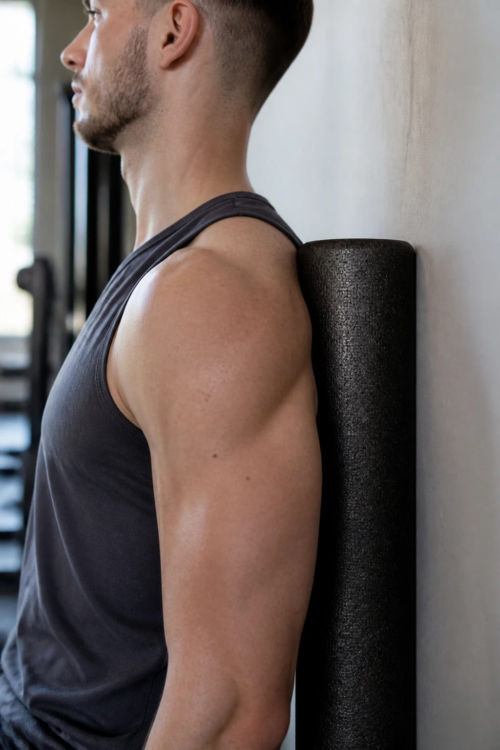 Shoulder pressed into vertical foam roller for deltoid mobilization