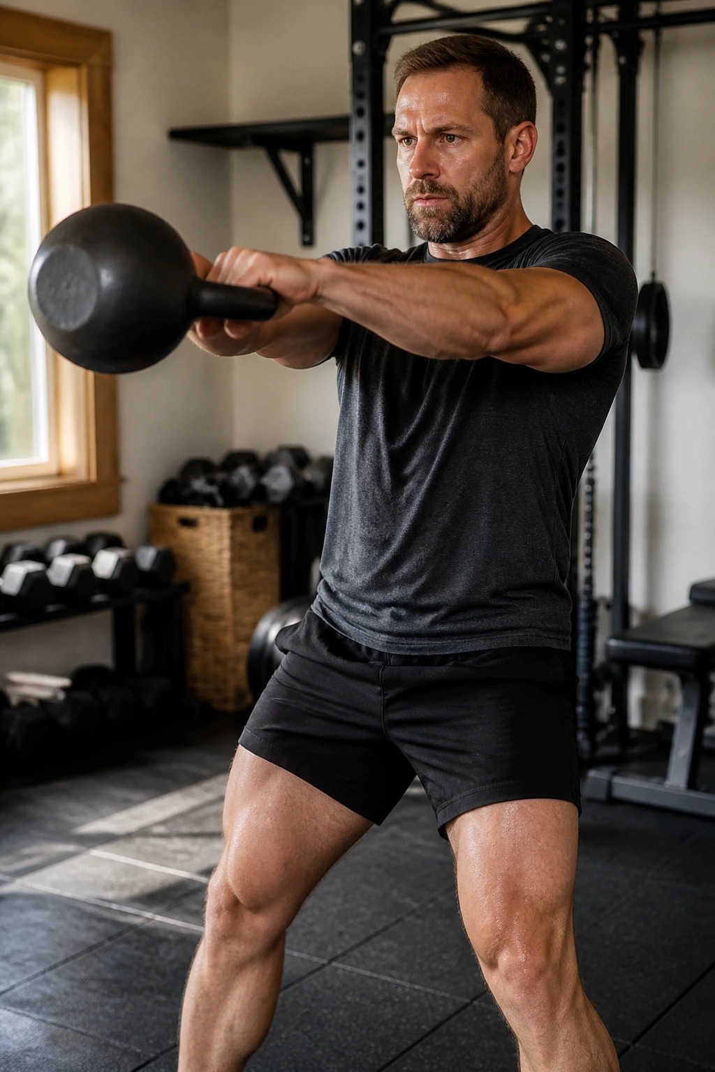 Person performing kettlebell swings during density block in home gym