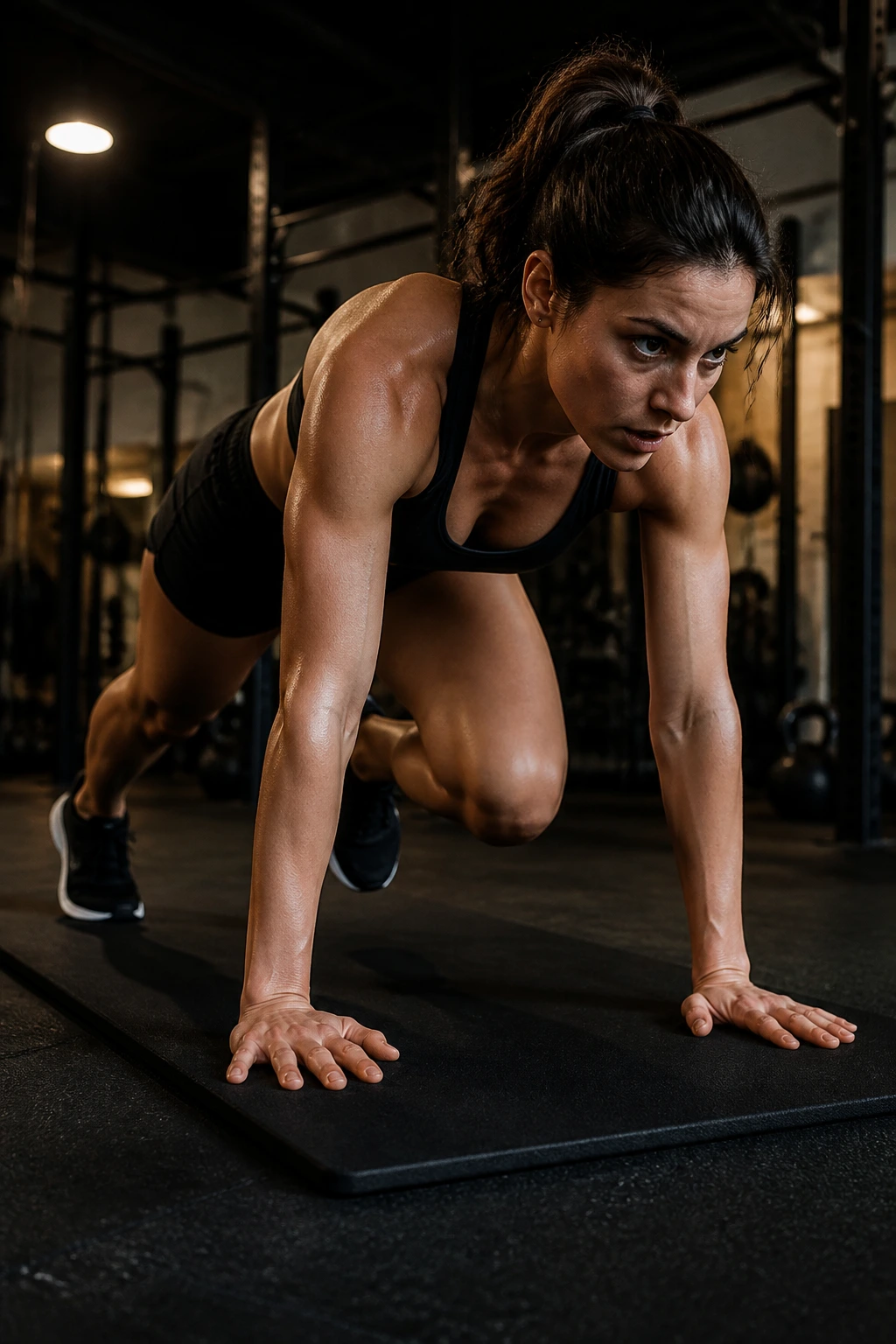 Close-up of an athlete performing continuous climbers in a 45/15 density set on a gym mat