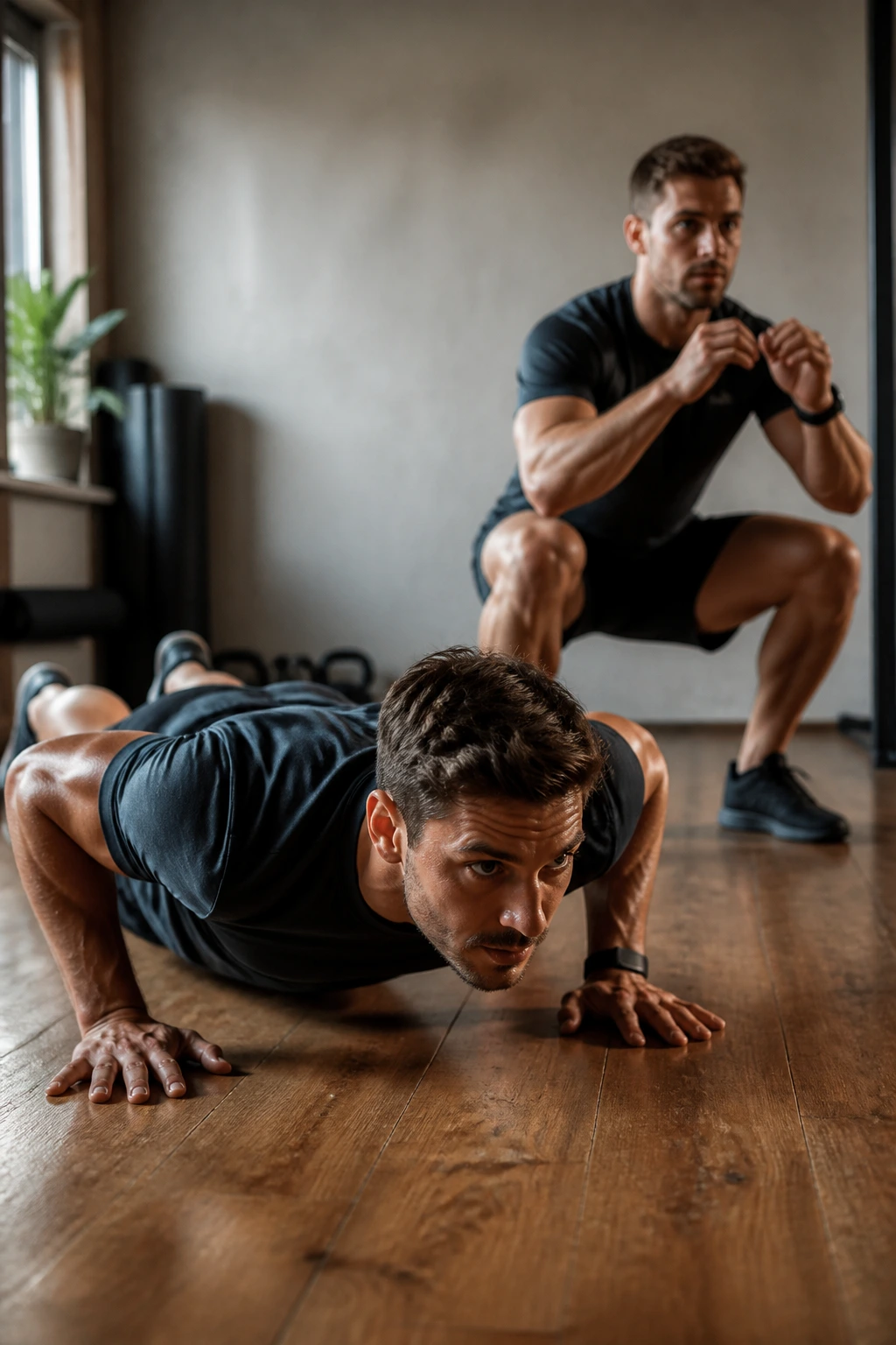 Close-up of a fit person mid-rep performing ladder-style push-ups and squats in a home gym.
