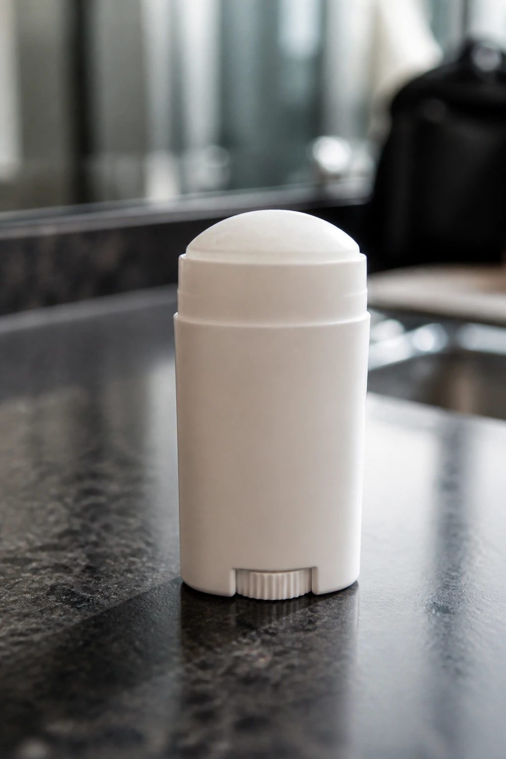 Travel-size deodorant stick on a gym locker-room counter