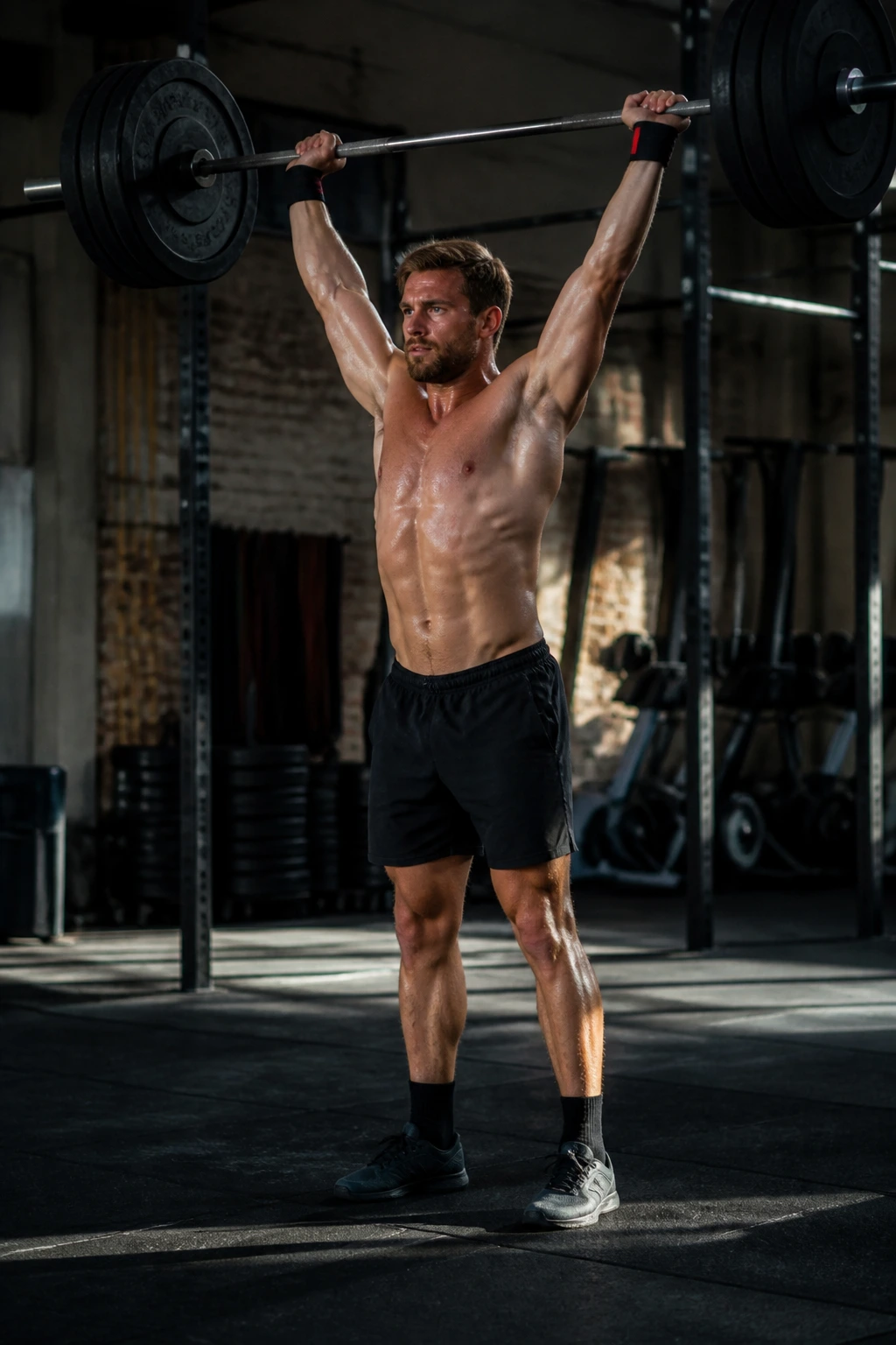 Athlete mid-thruster on barbell in a gym, representing the descending ladder challenge.