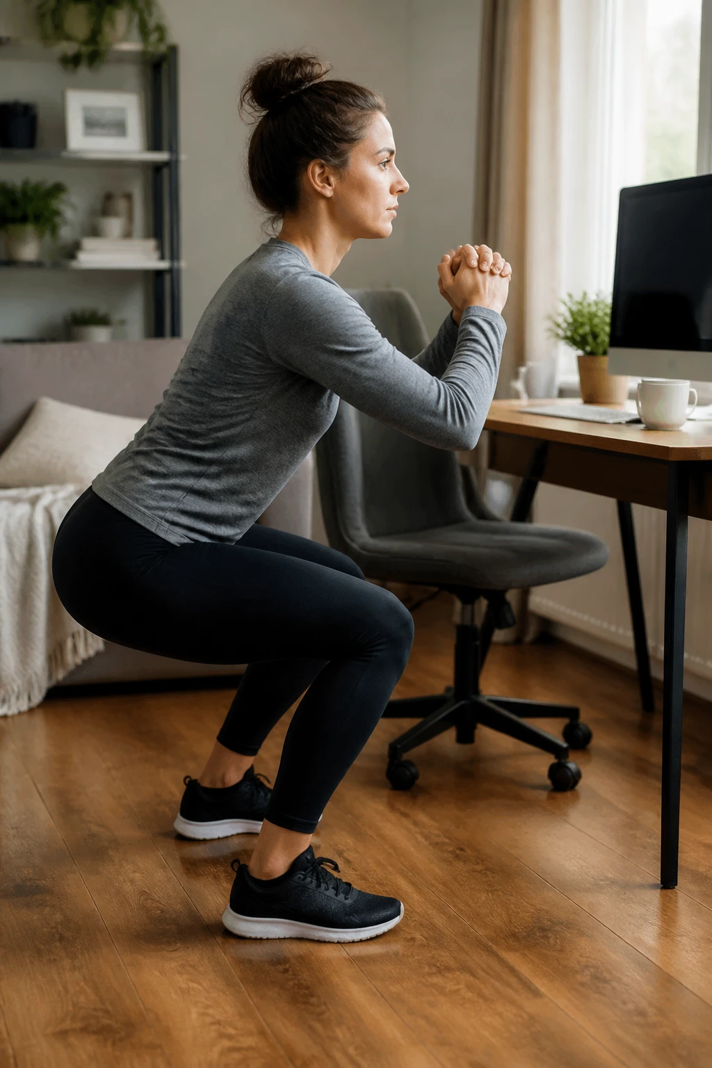 Close-up of person performing a desk-break squat near desk in living room