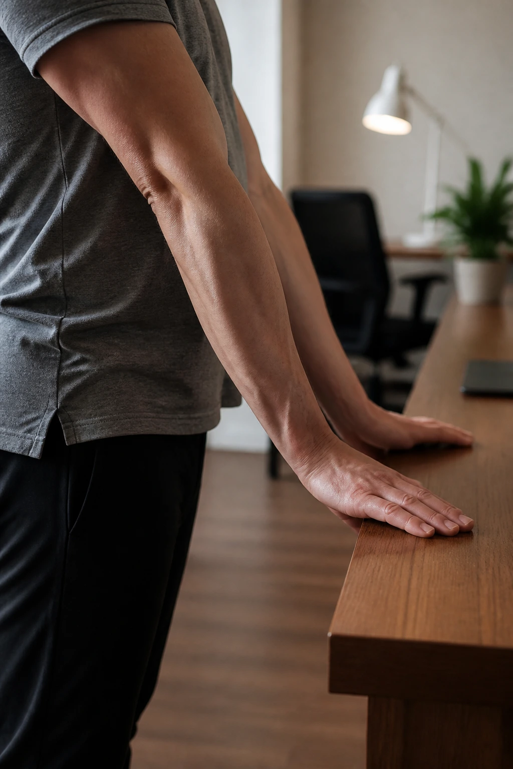 Close-up of forearms on desk edge extending stretch