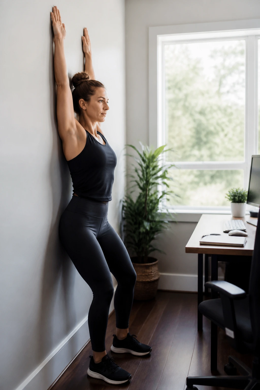 Woman at desk performing wall slides for mobility