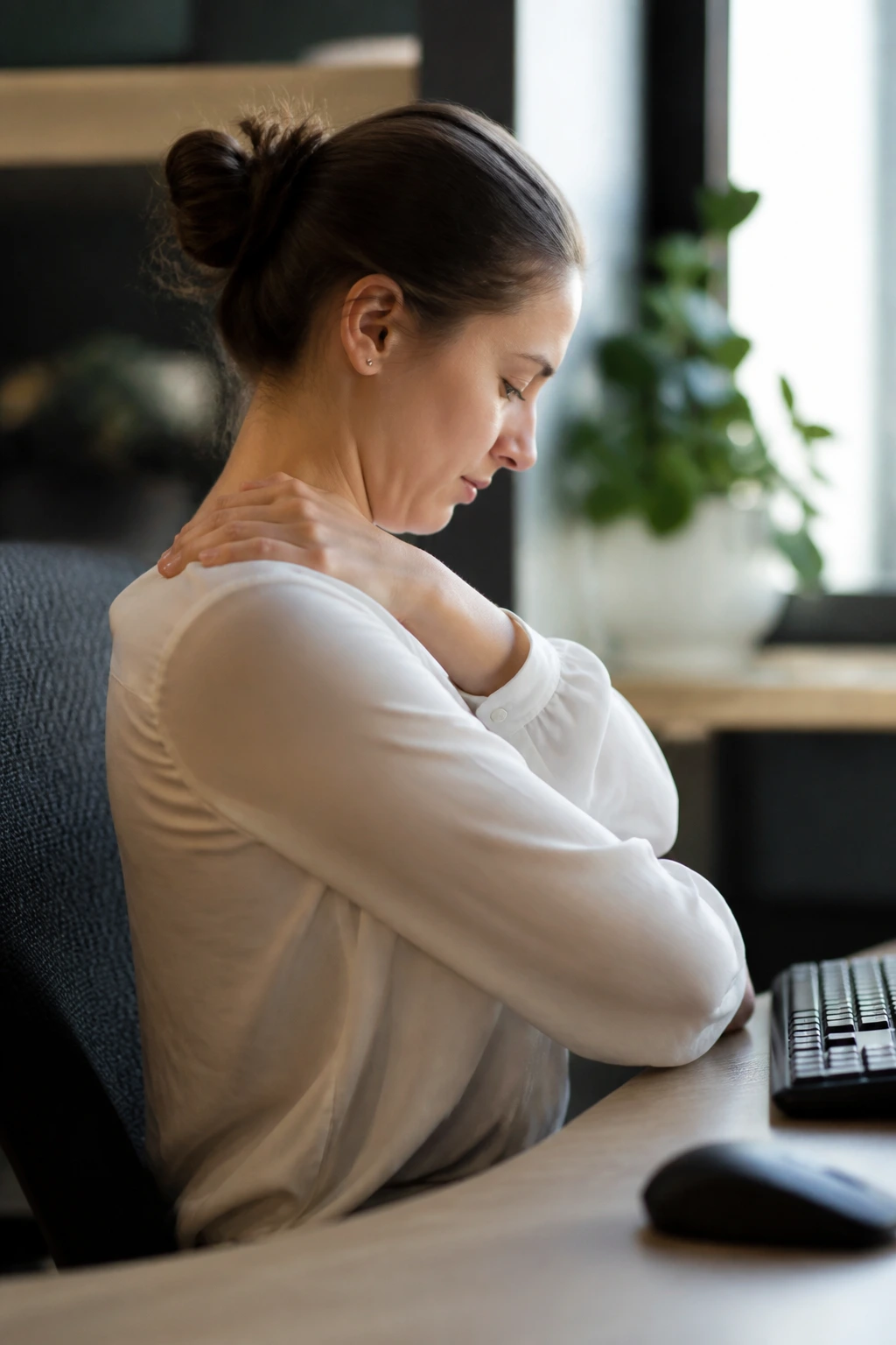 Office worker performing chin tuck neck release at desk