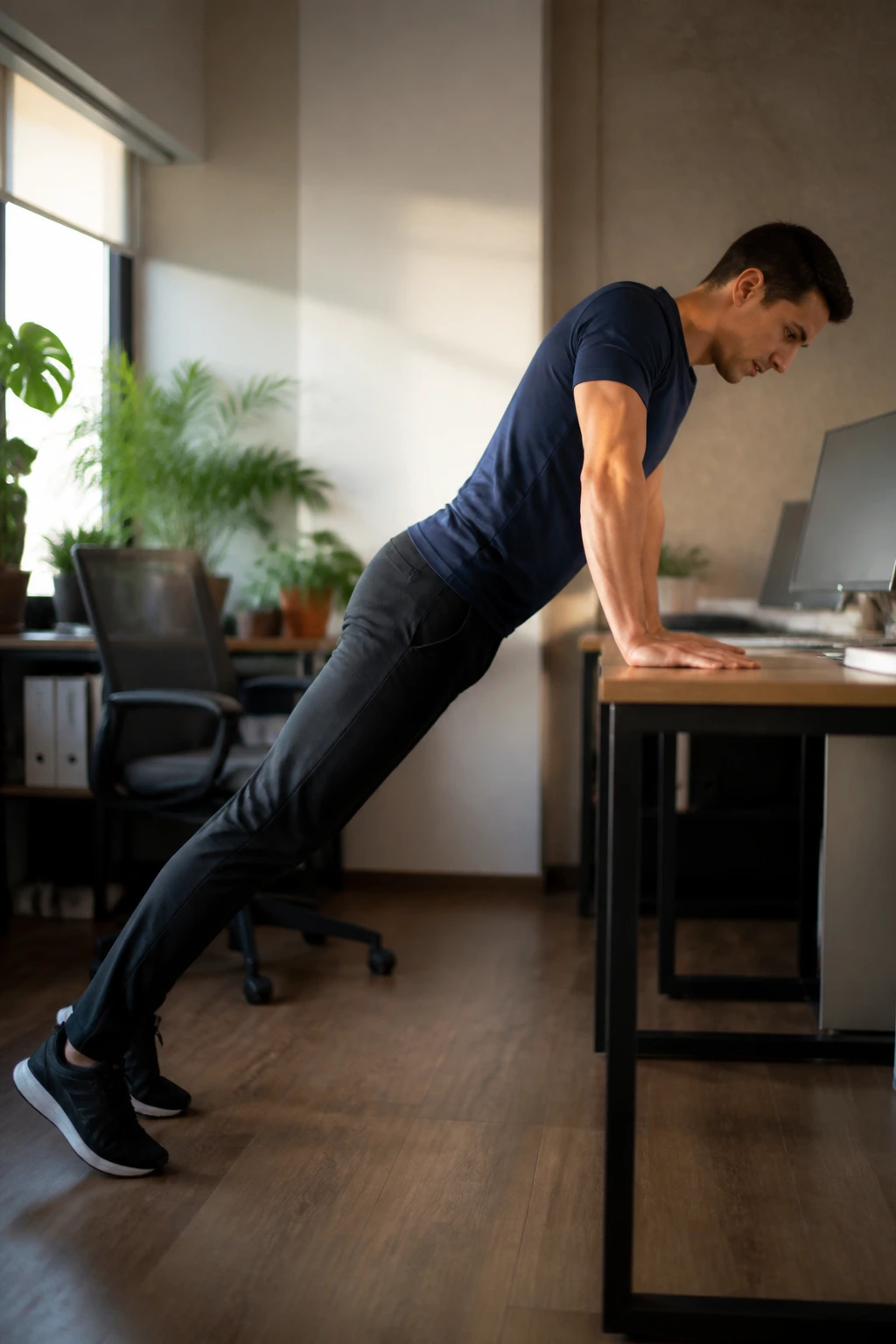 Person in incline desk plank position with hands on desk and body straight.