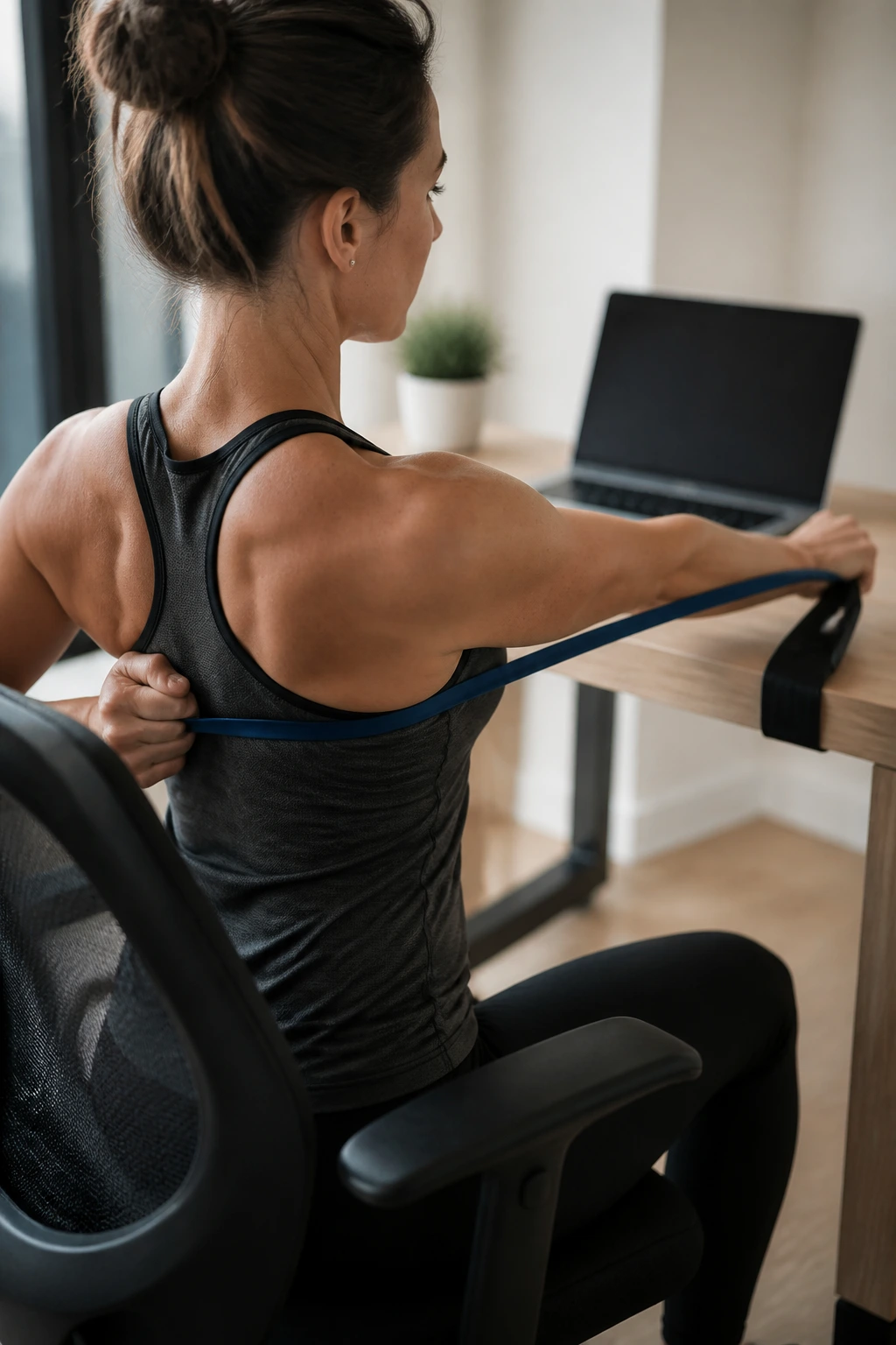 Upper back and shoulders in a seated thoracic rotation using a resistance band at an office desk.