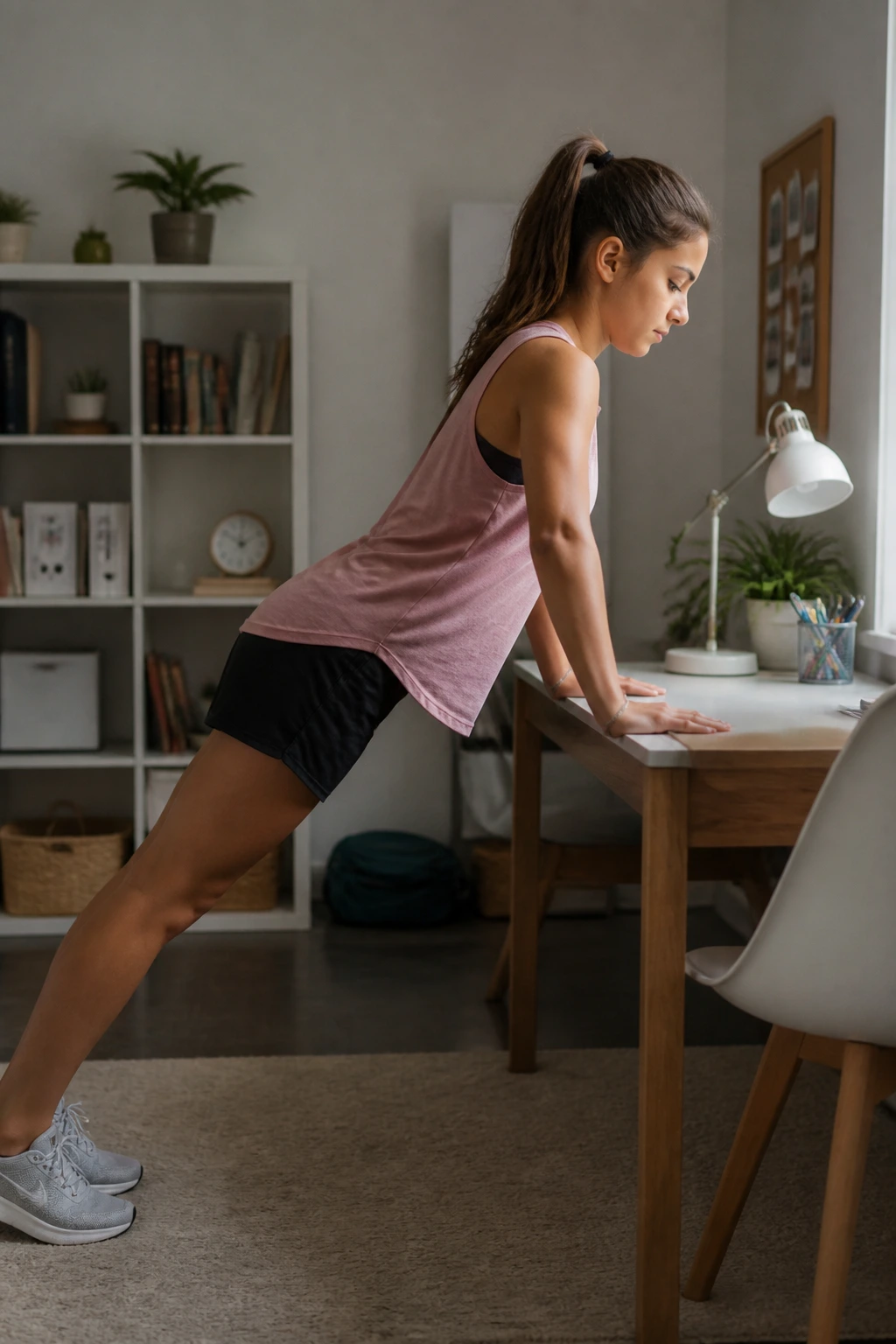 Teen girl doing desk push-ups in a study space during a homework break