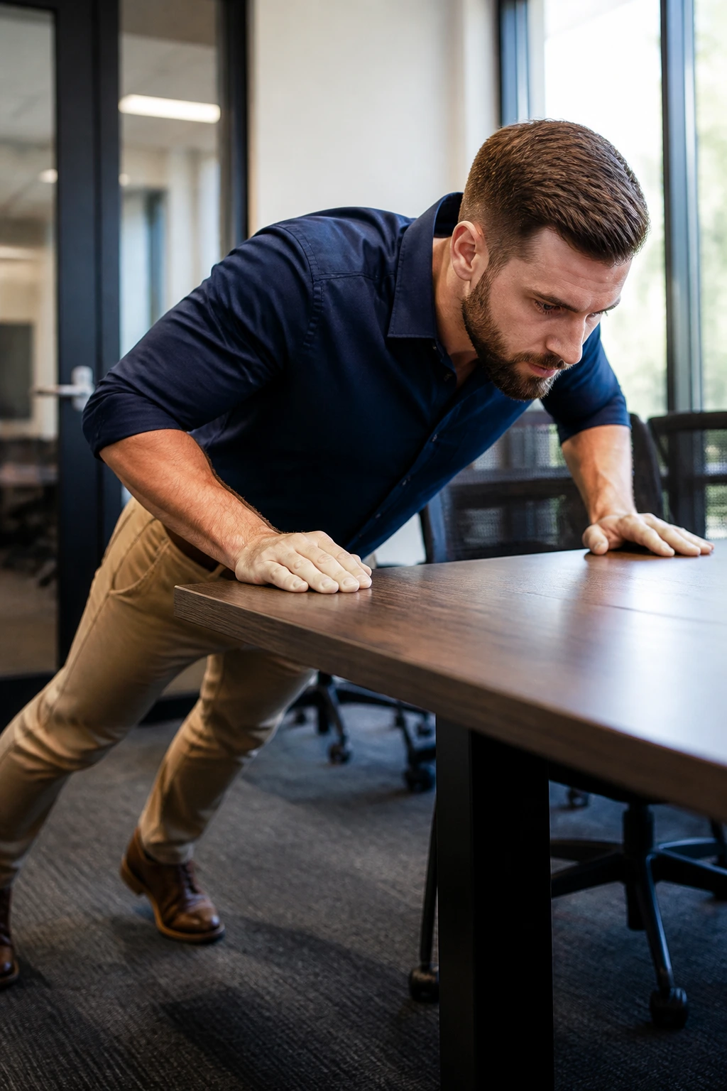 Person doing desk push-ups against a table in an office.