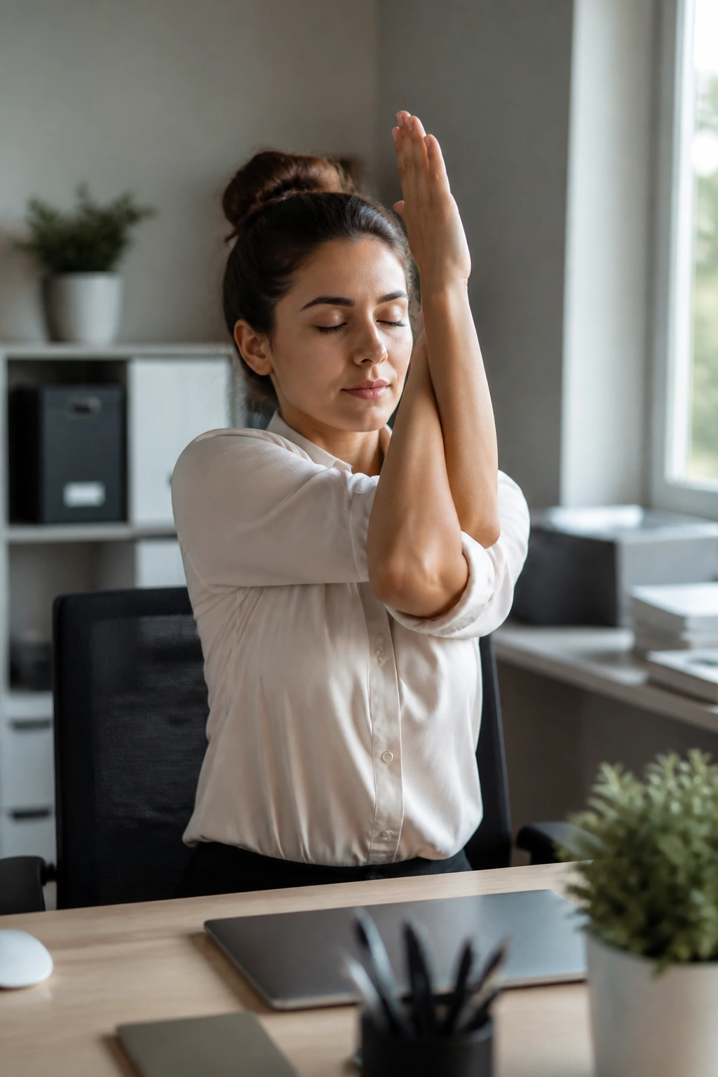 Medium close-up of a person seated at a desk performing eagle arms for neck and shoulder reset.