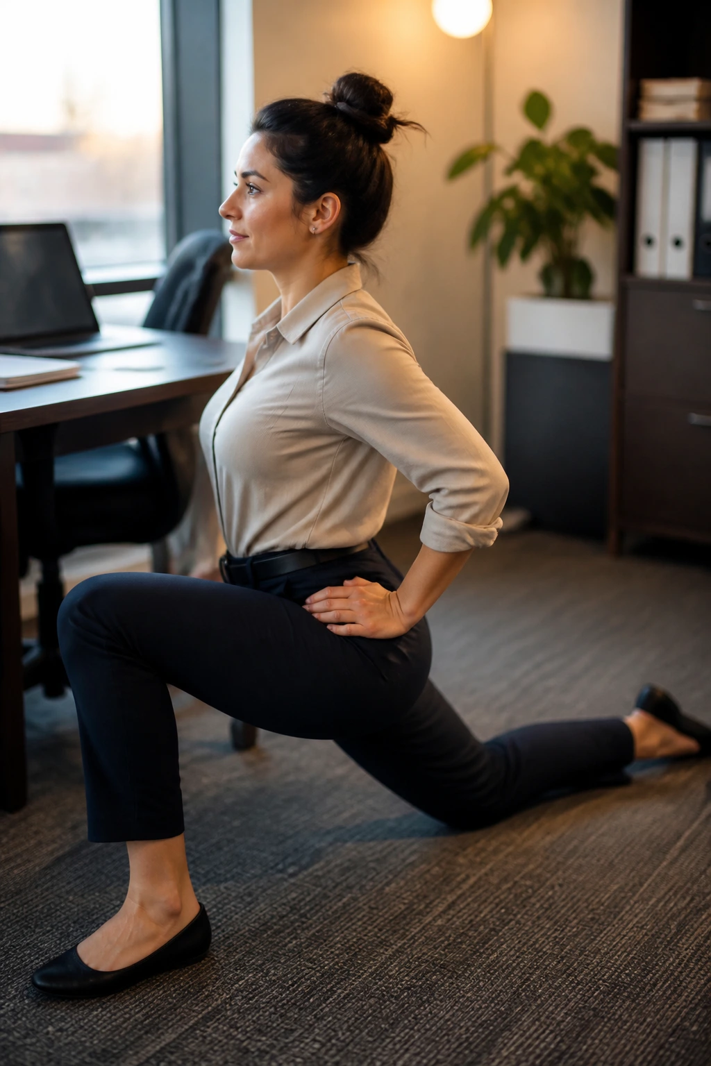 Woman stretching near a desk after work in an office