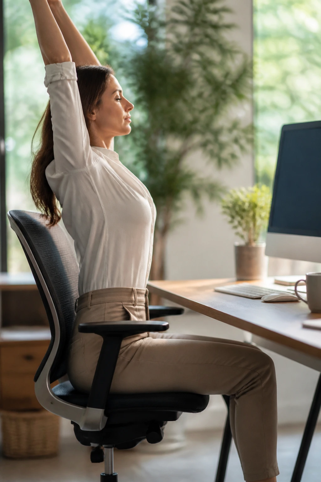 Portrait of a person maintaining upright desk-seat posture with arms overhead