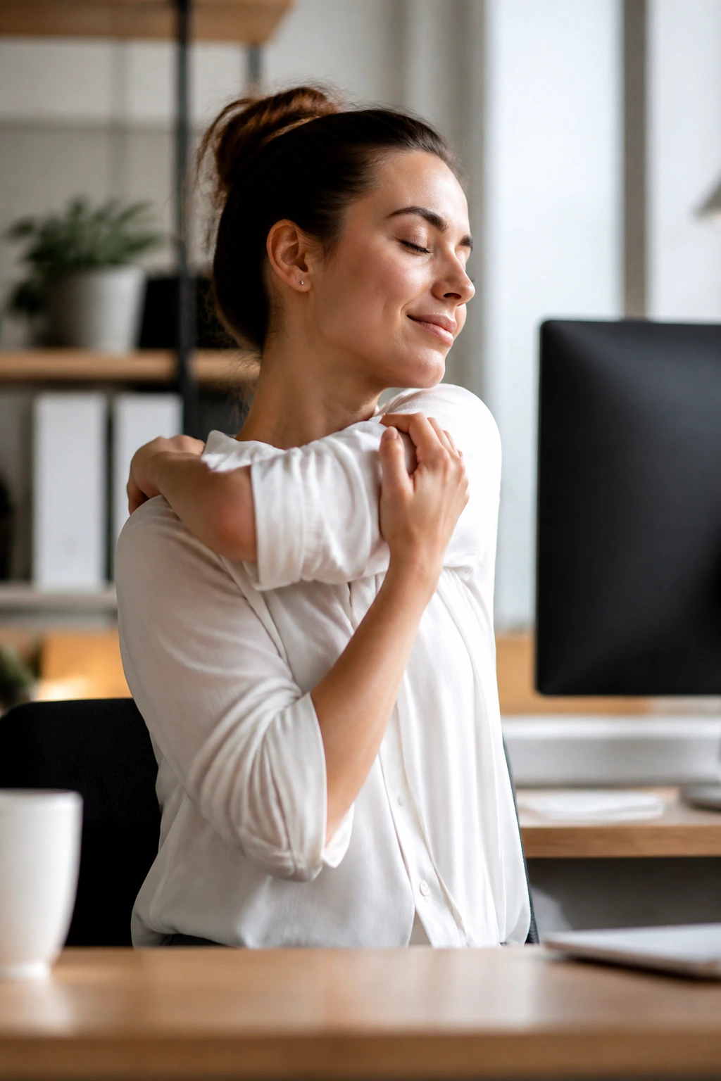 Person at desk performing shoulder release stretch in office setting