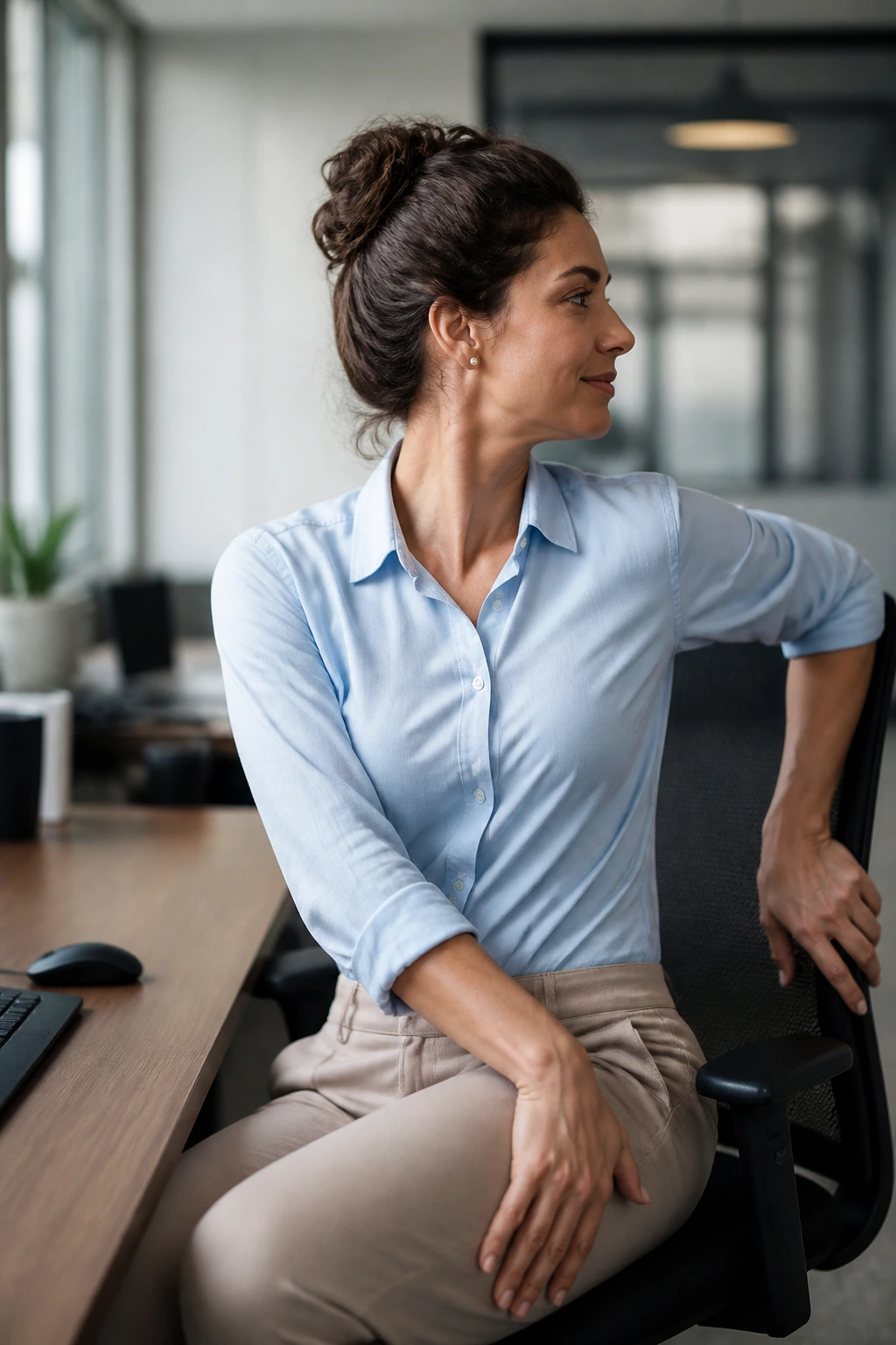 Seated desk twist for back relief in office setting