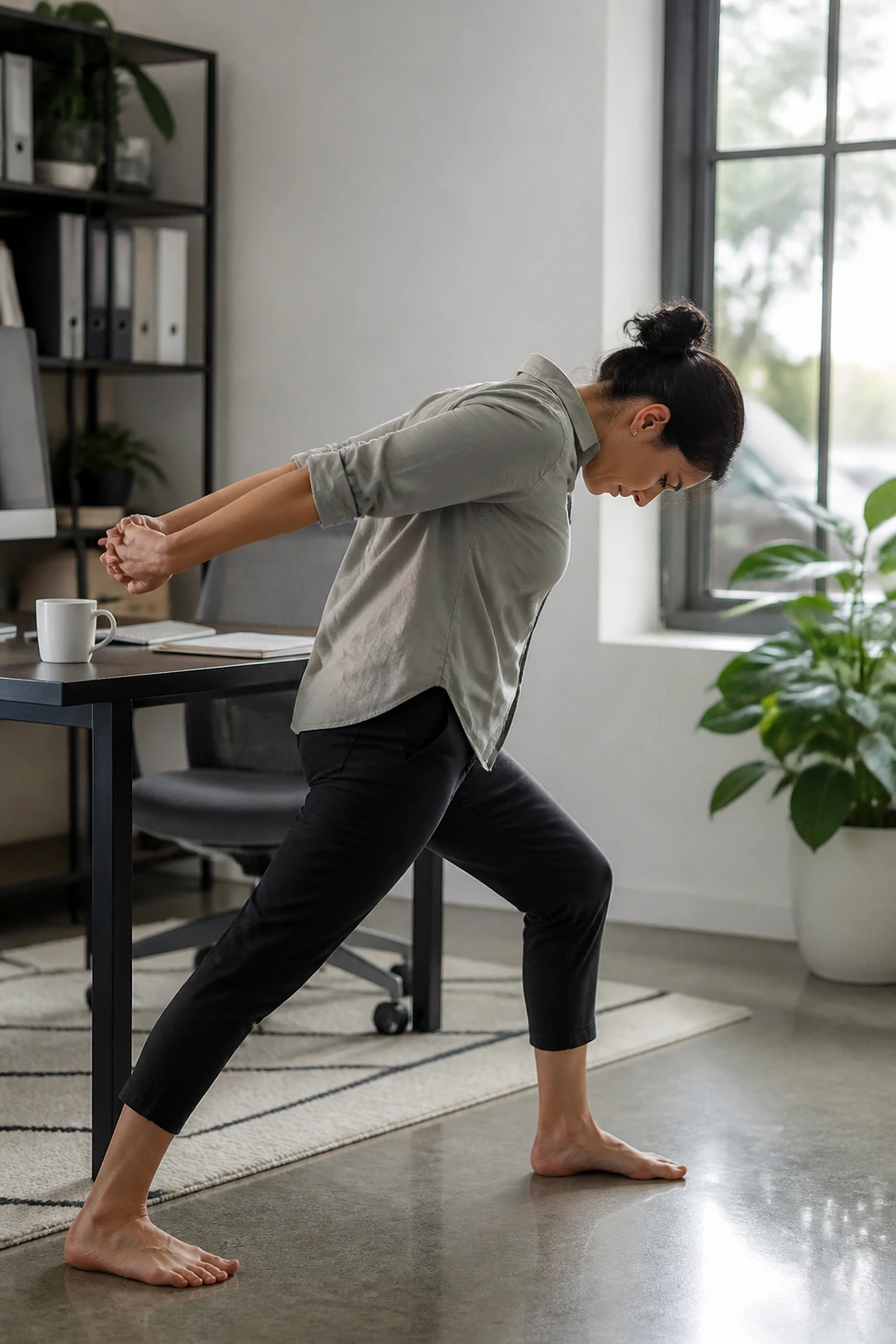 Person doing a quick desk yoga chest opener and fold near a desk in an office