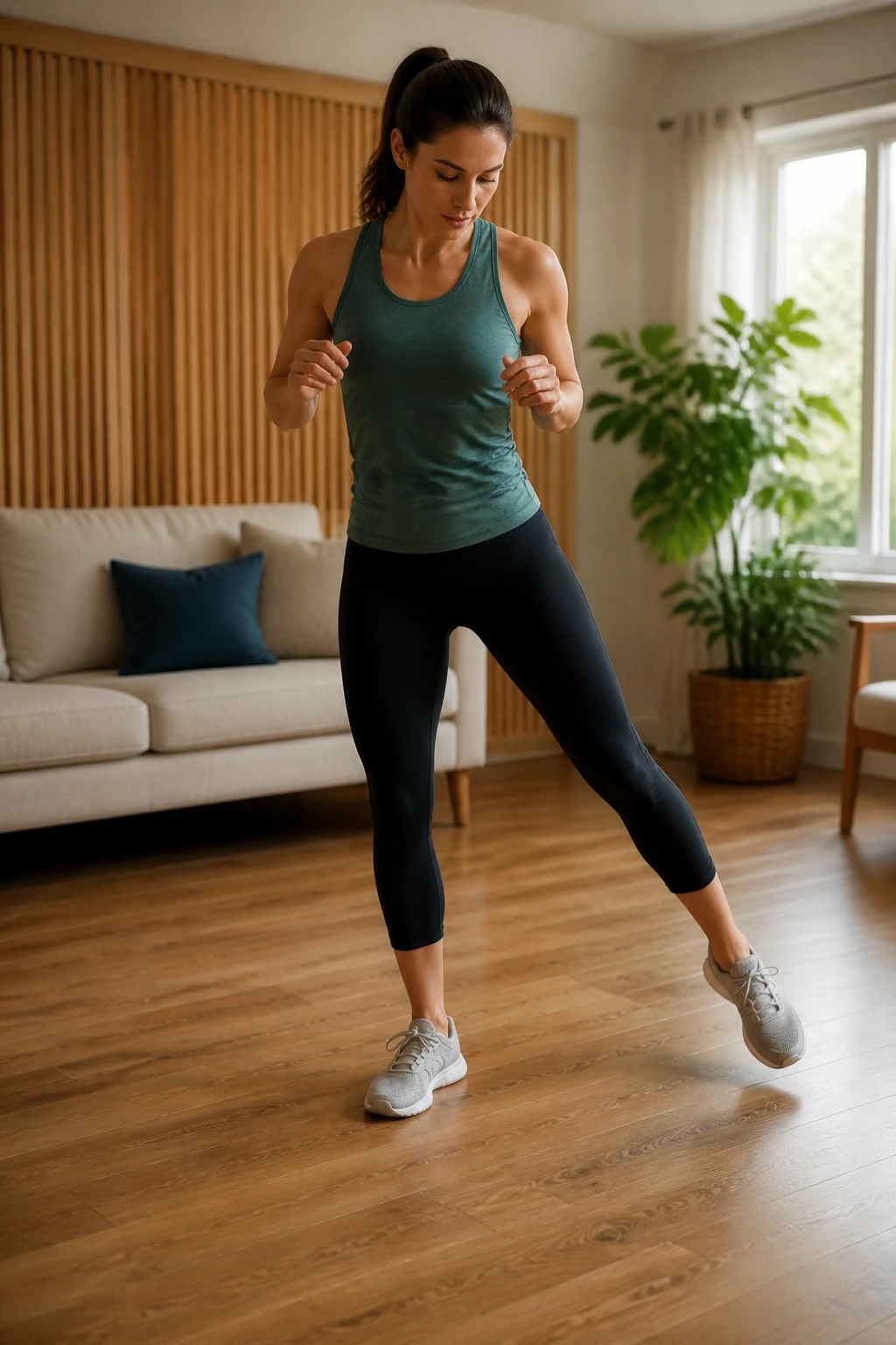 Close-up of a person performing Diagonal Toe Taps indoors
