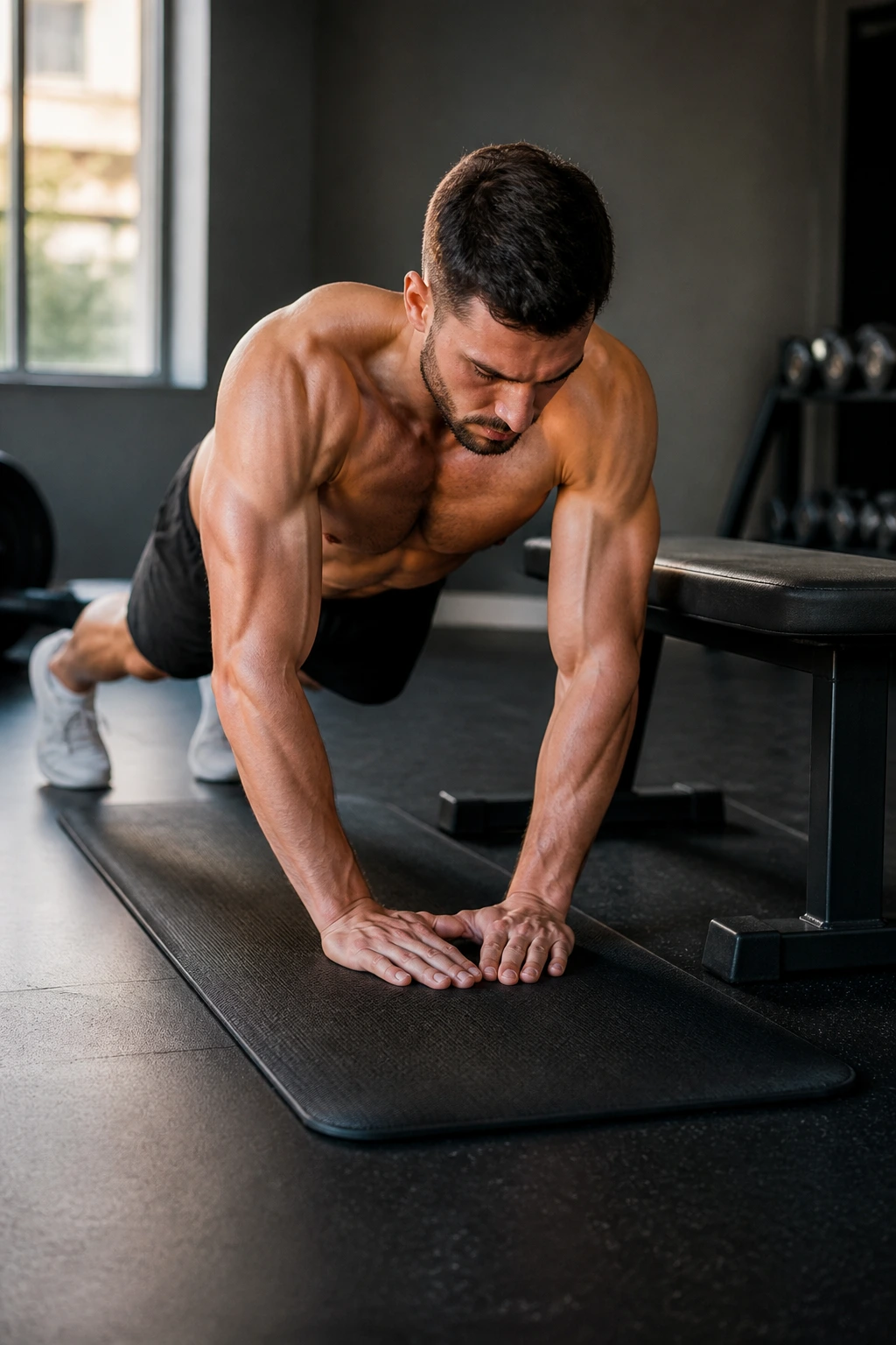 Person performing a diamond push-up on a mat with a bench in the background.