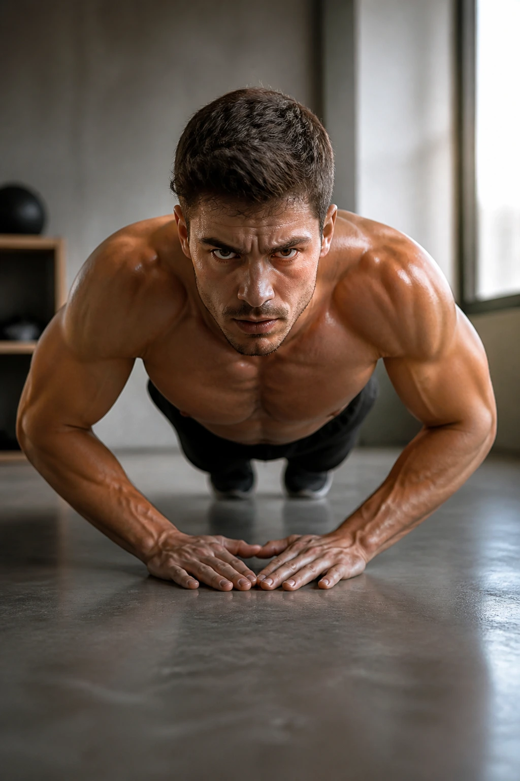 Close-up of a person performing a diamond push-up in a home gym.