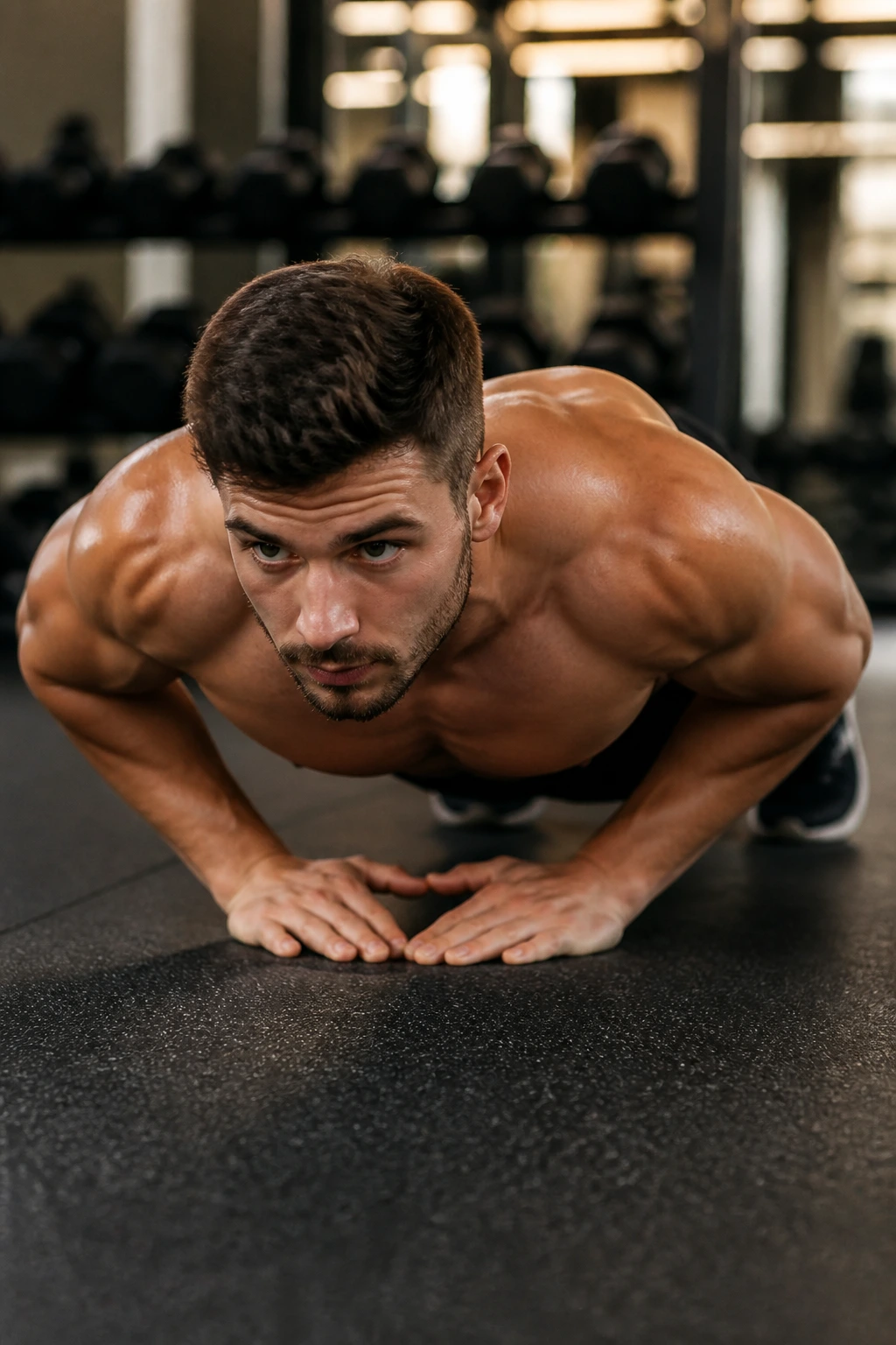 Medium close-up of a person doing a diamond push-up showing triceps engagement