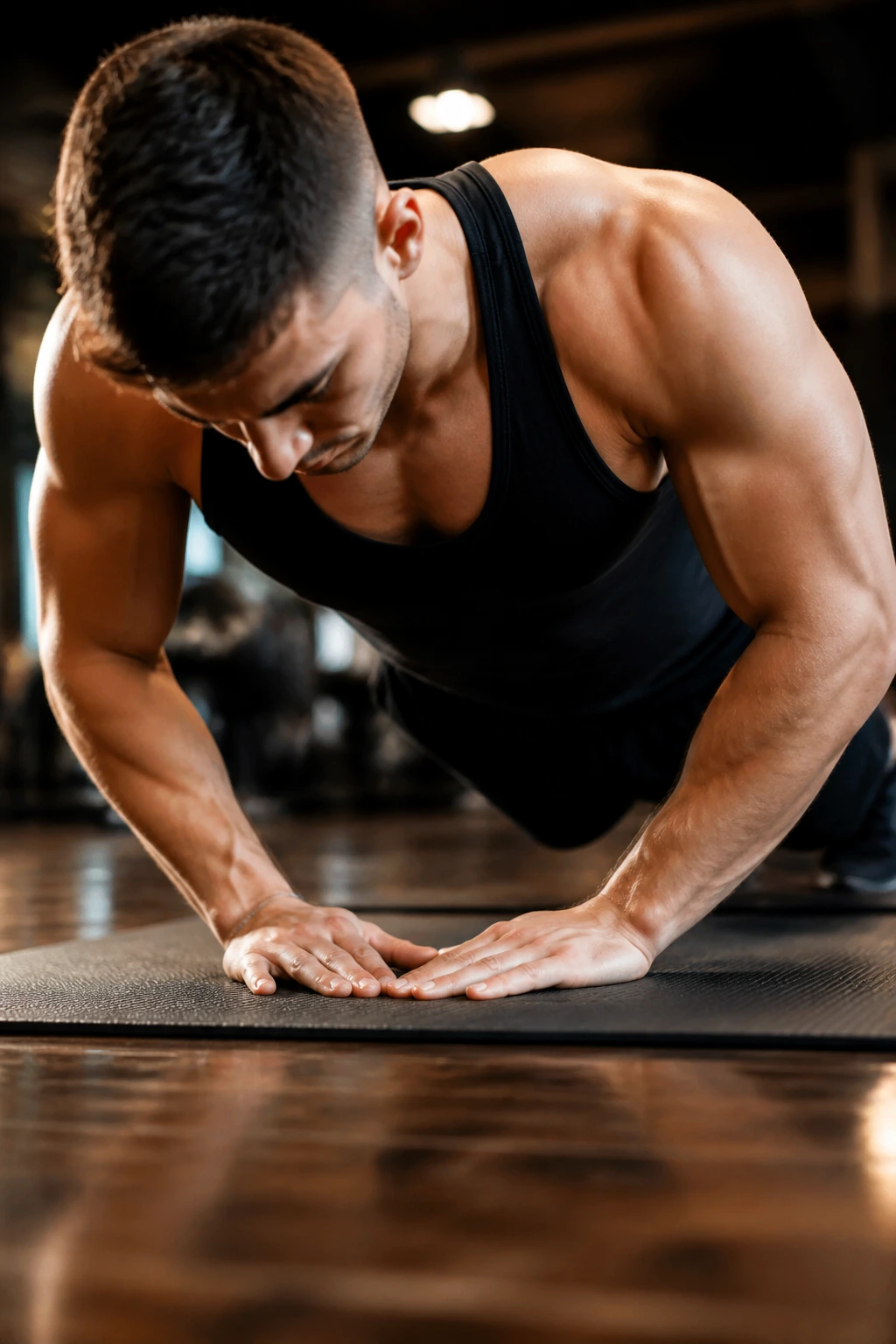 Close-up of a person performing a diamond push-up on a gym mat