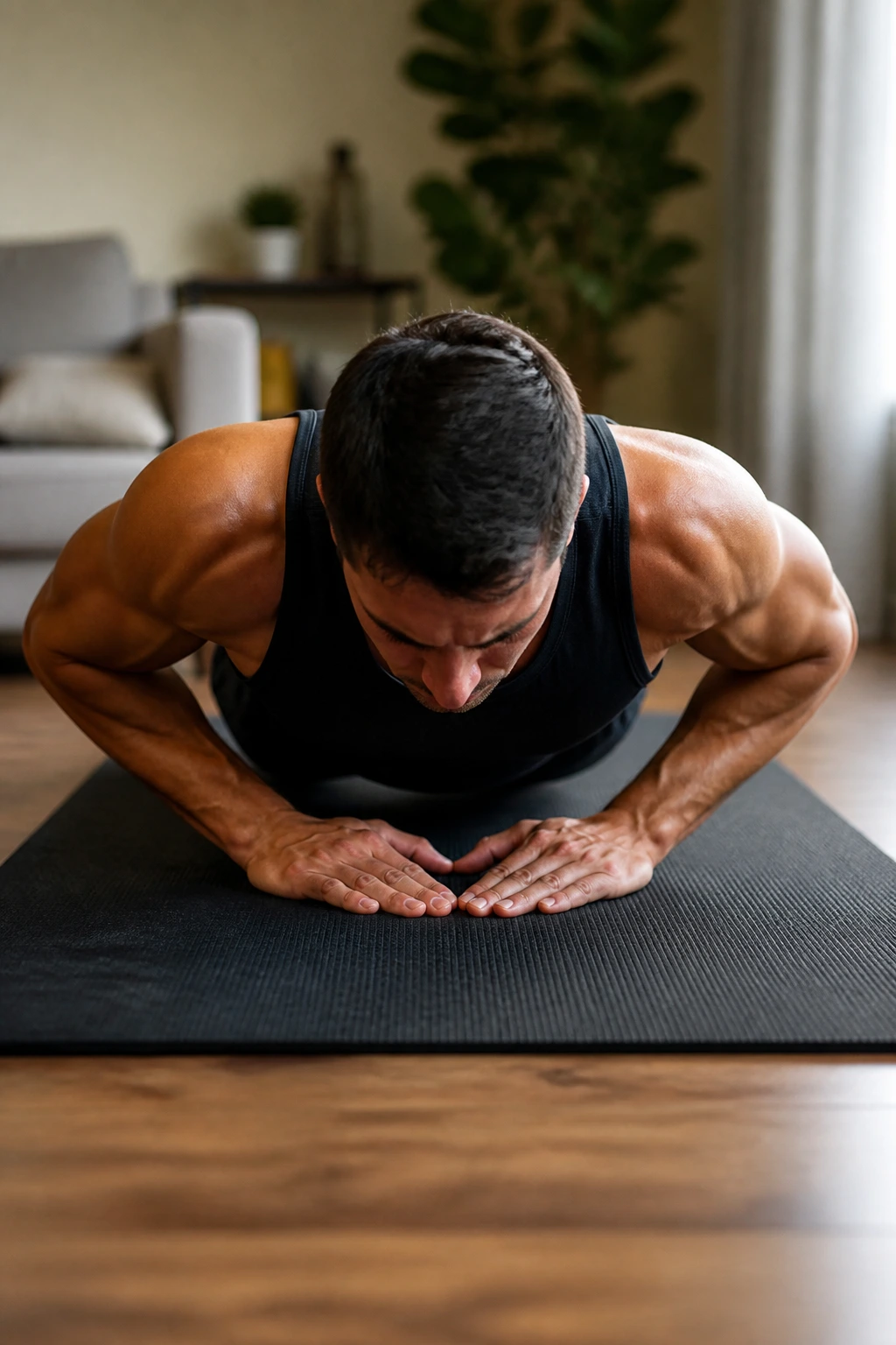 Upper body in a diamond push-up position on a mat