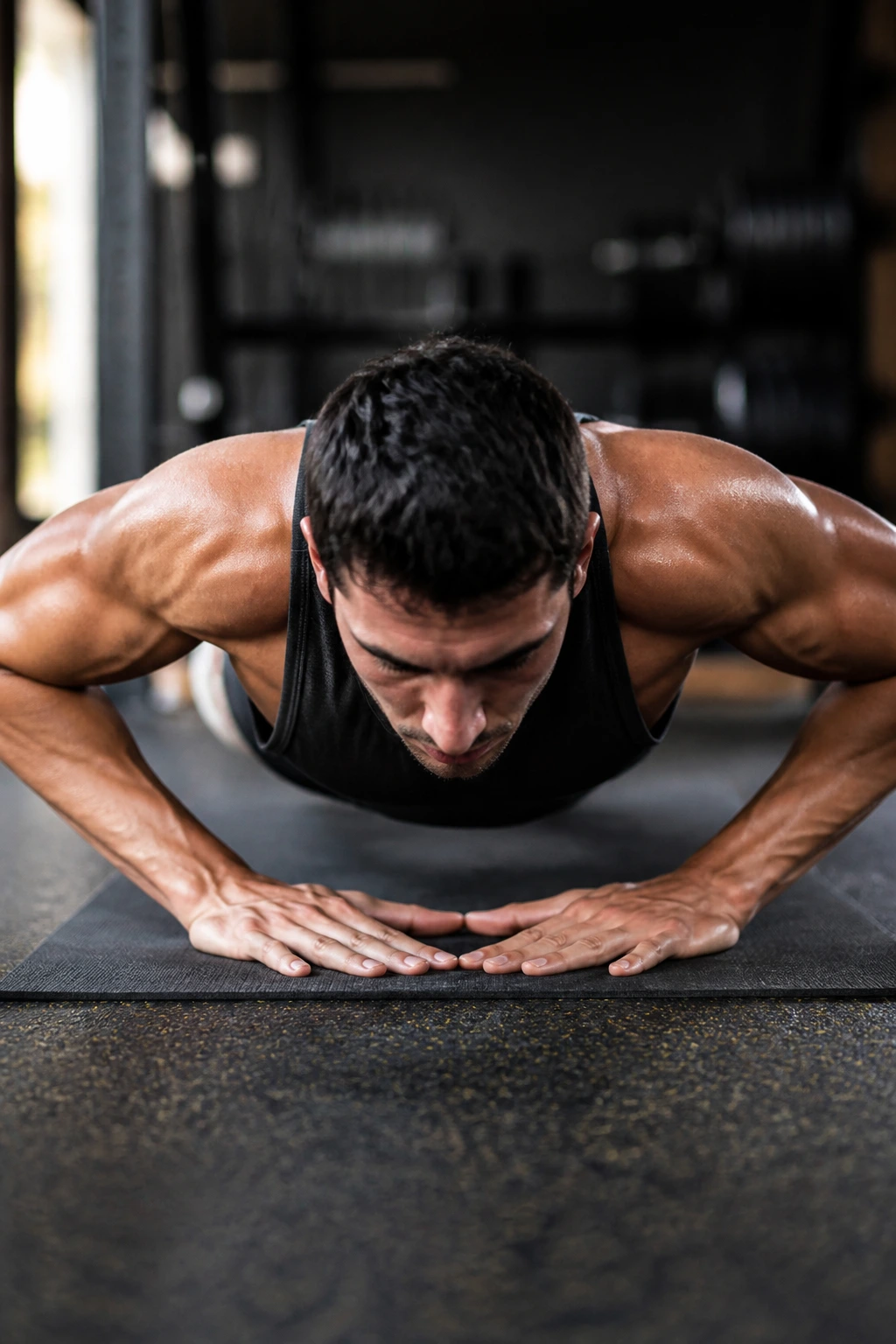 Close-up of a person doing diamond push-ups emphasizing triceps